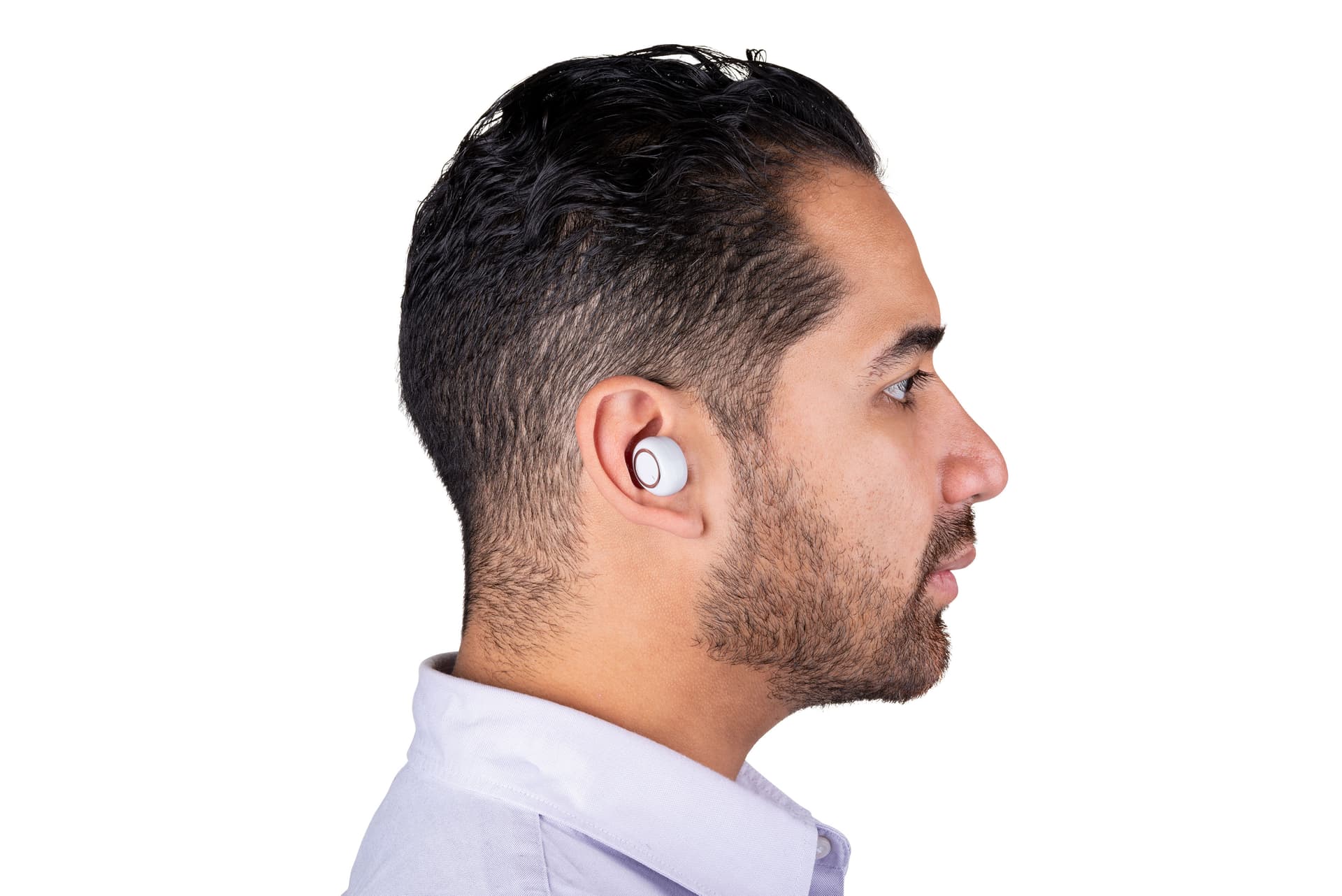 White custom logo branded earbuds with 10 meter Bluetooth operating range