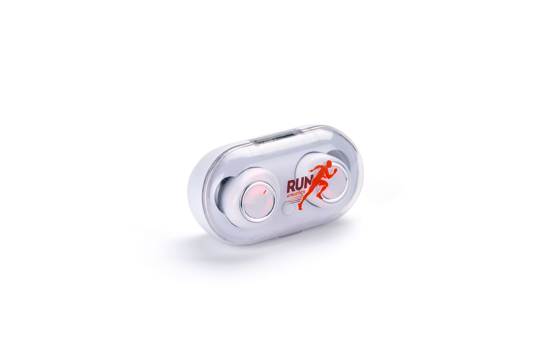 White custom logo branded earbuds with full-color printing