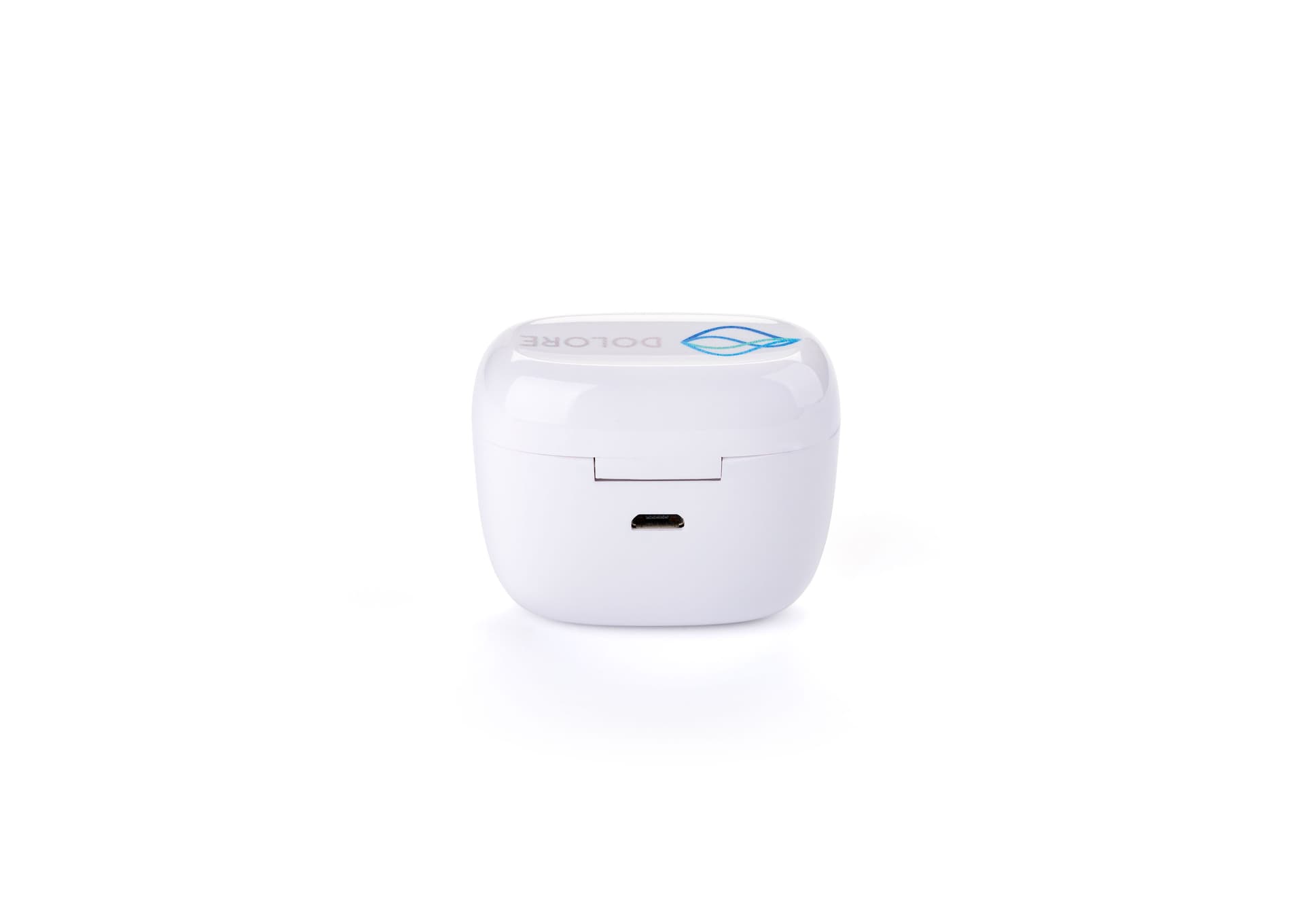 White promotional wireless earphone buds with Micro-USB port for charging 
