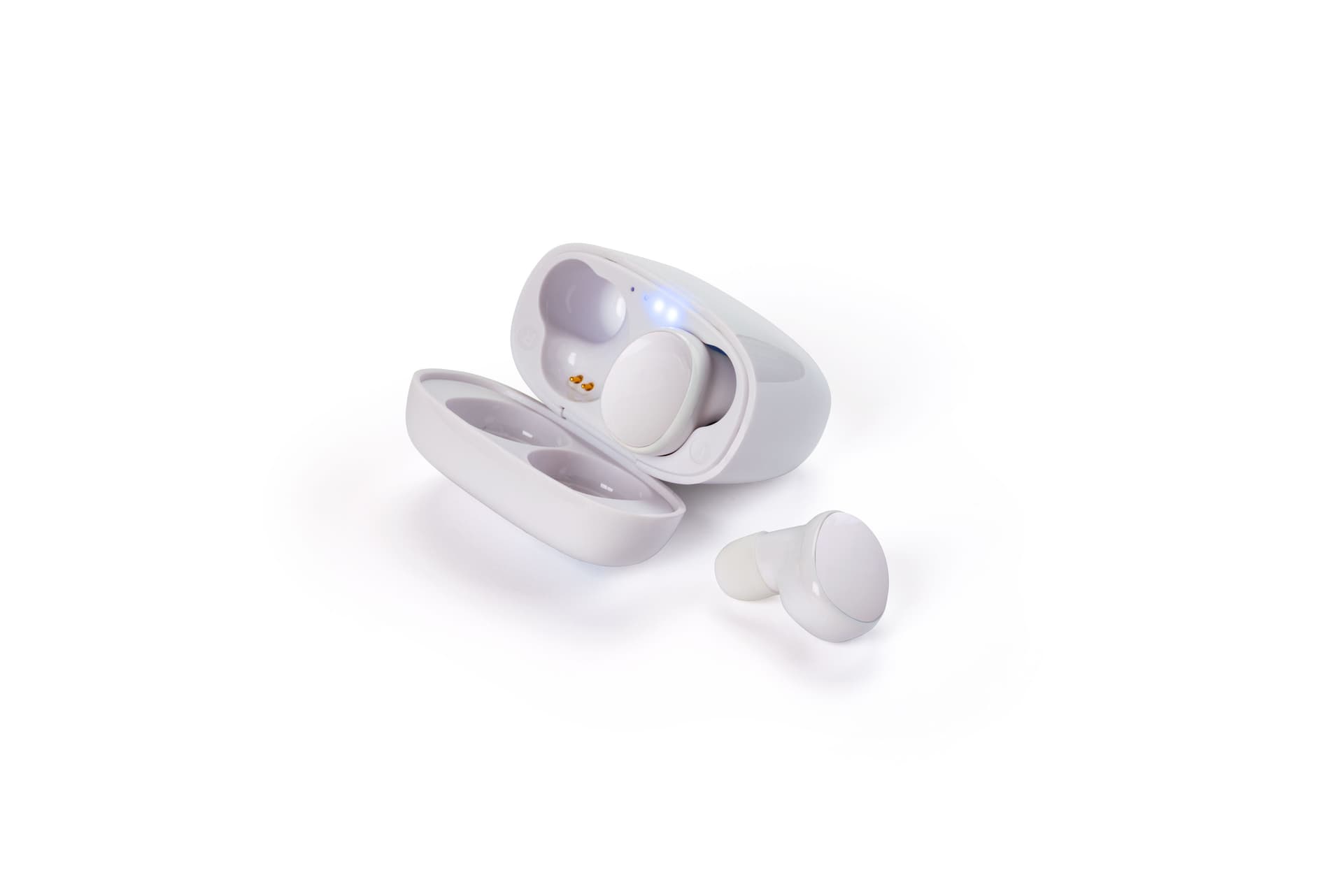 White promotional wireless earphone buds with battery indicator lights