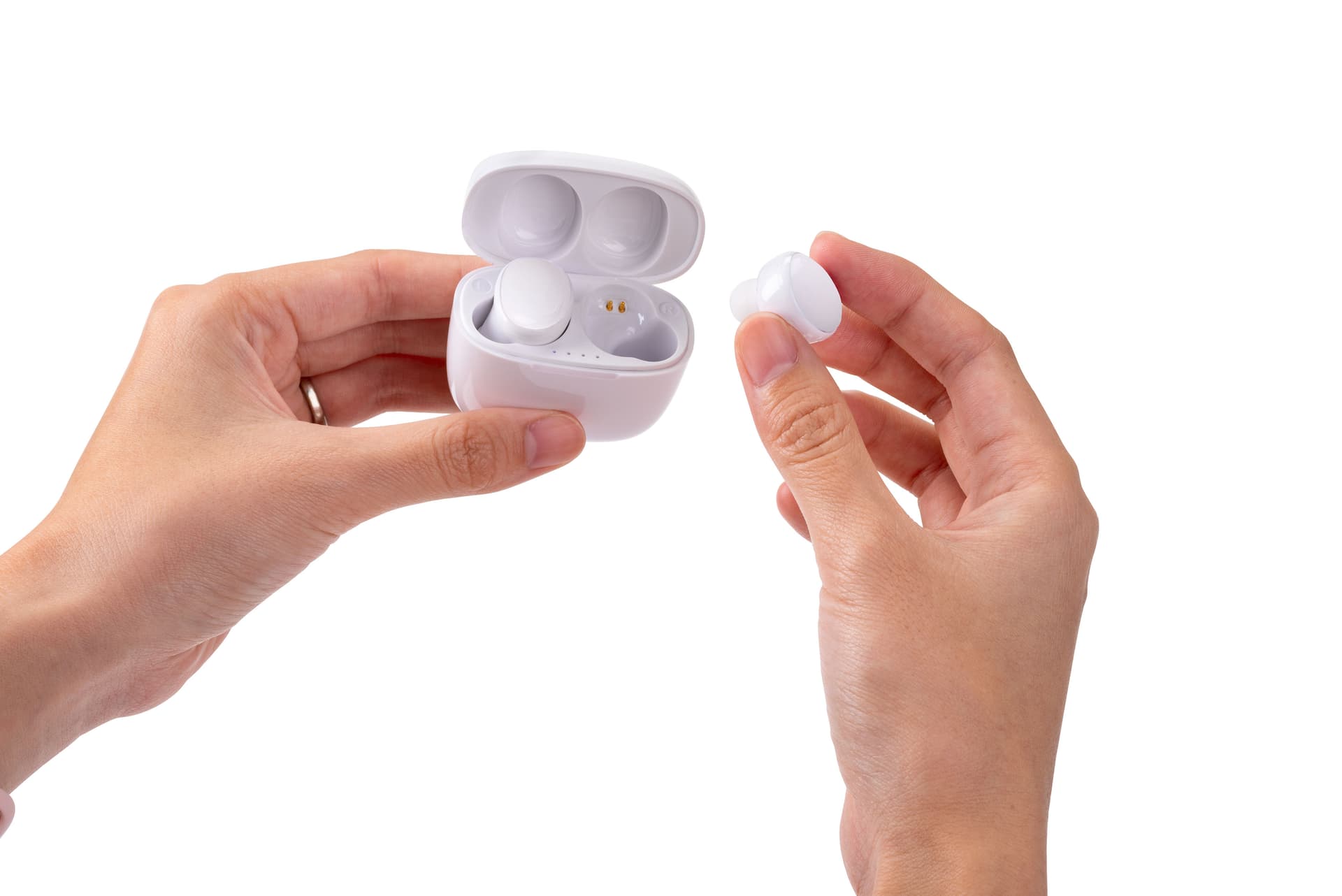 White promotional wireless earphone buds with magnetic charging case