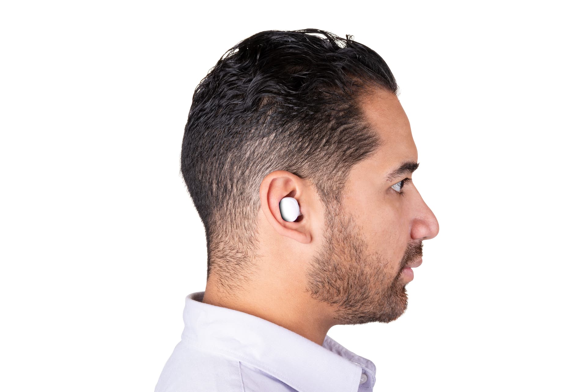 White promotional wireless earphone buds with comfort fit earpads
