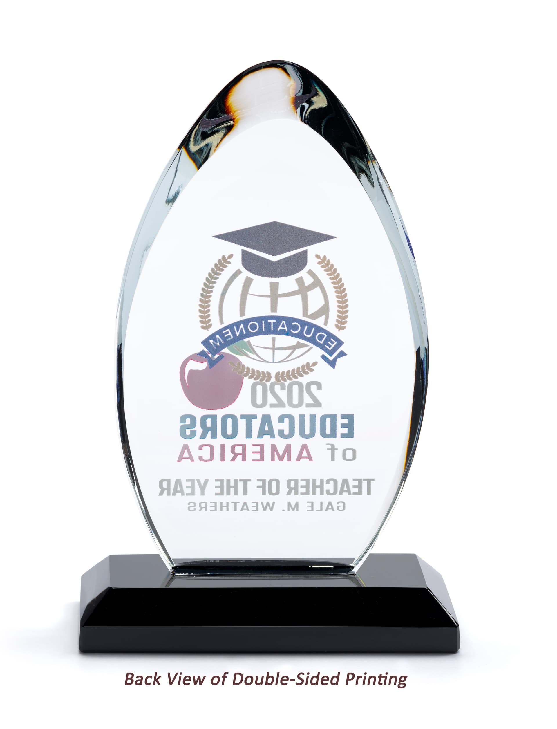 Custom glass recognition award with two sided printing