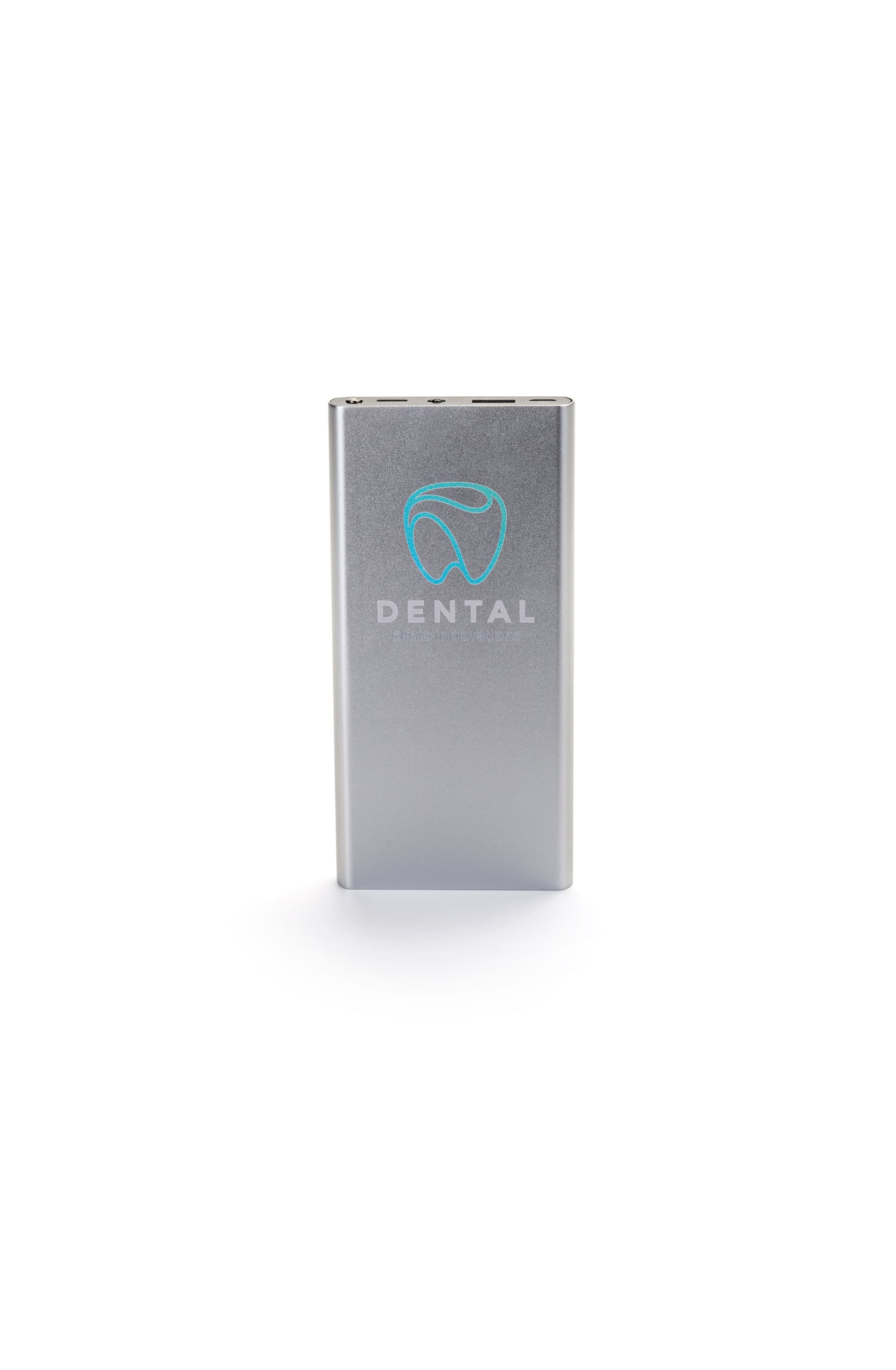 Silver branded power bank with company logo