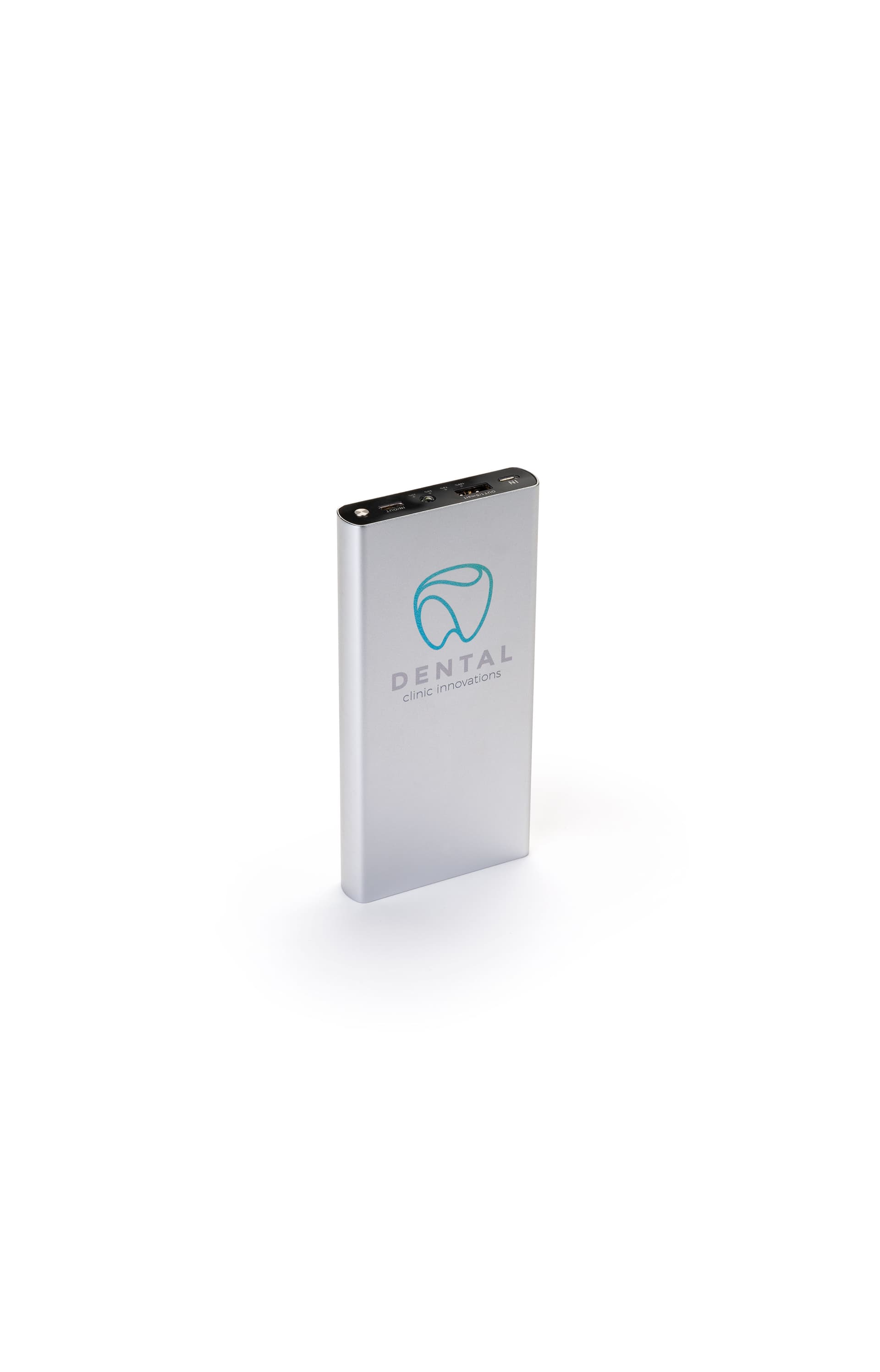 Silver branded power bank with color custom branding