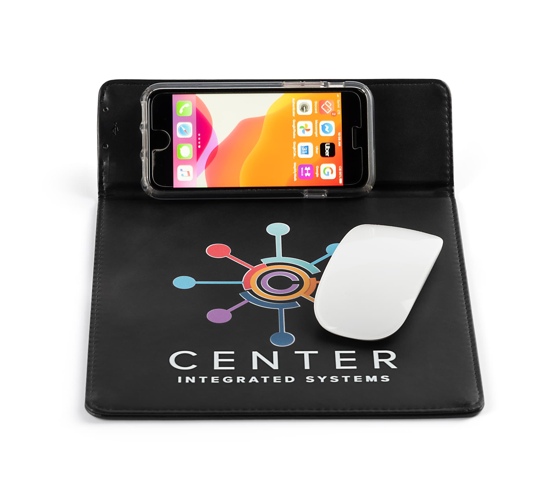 Custom quick charge mouse pad with flip up panel