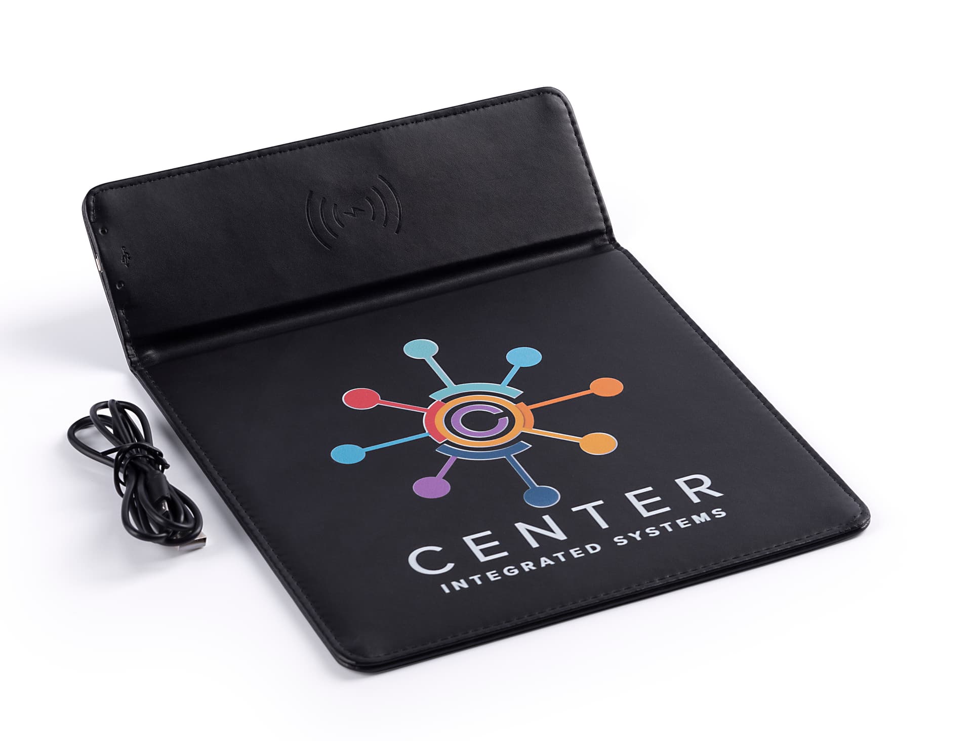Custom quick charge mouse pad includes cord