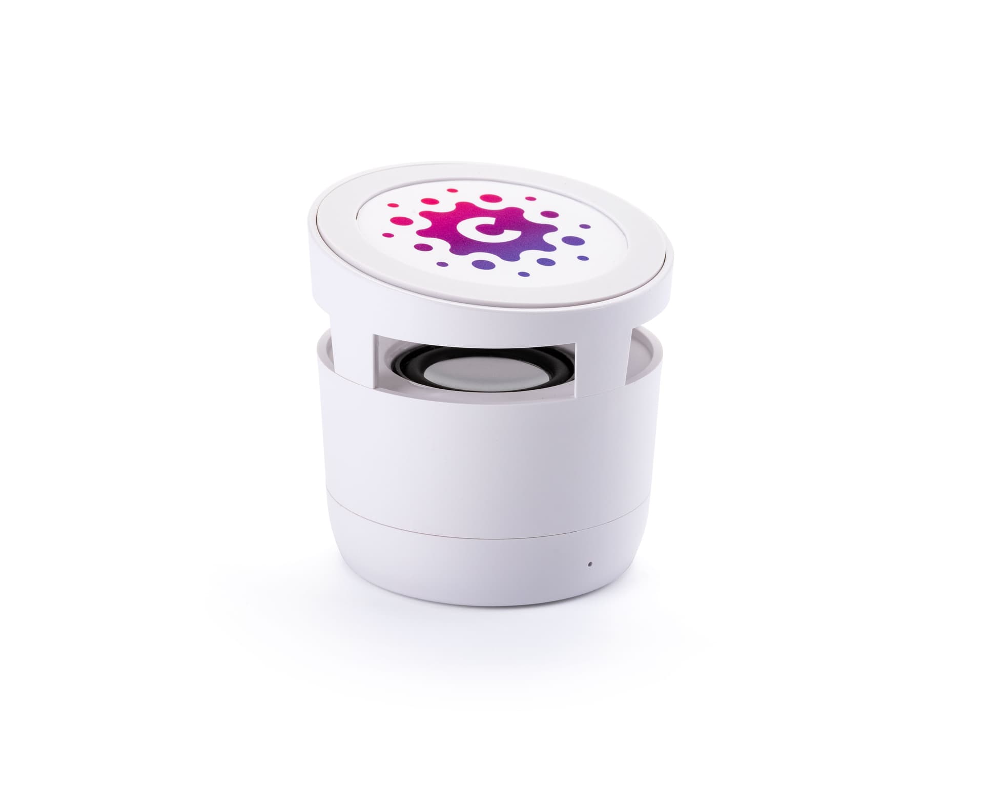 White promotional wireless charger with Bluetooth speaker and custom logo printing 