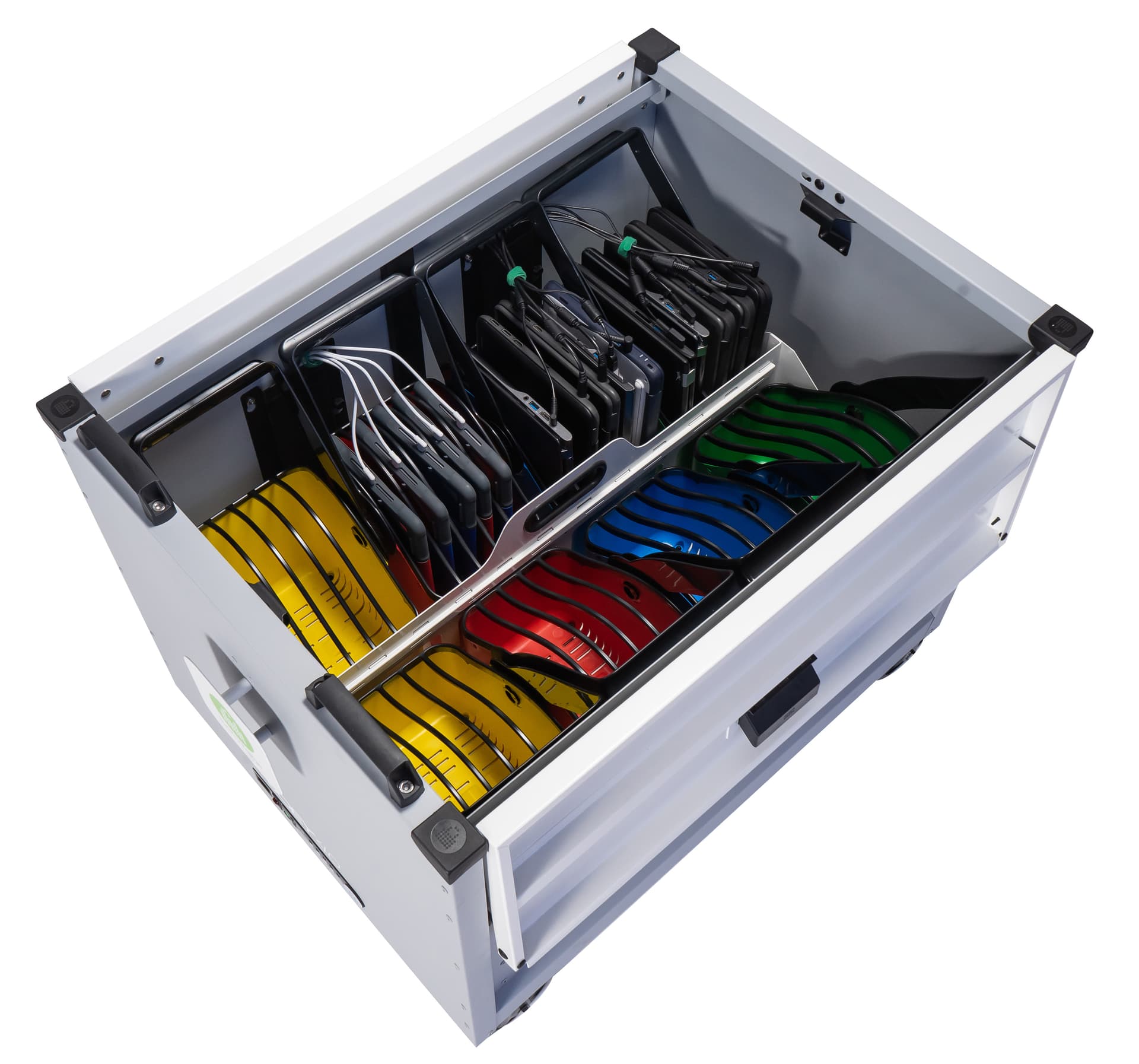 mobile charging cart with removable device baskets