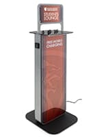 Phone charging station kiosk with custom graphics for complementary charging