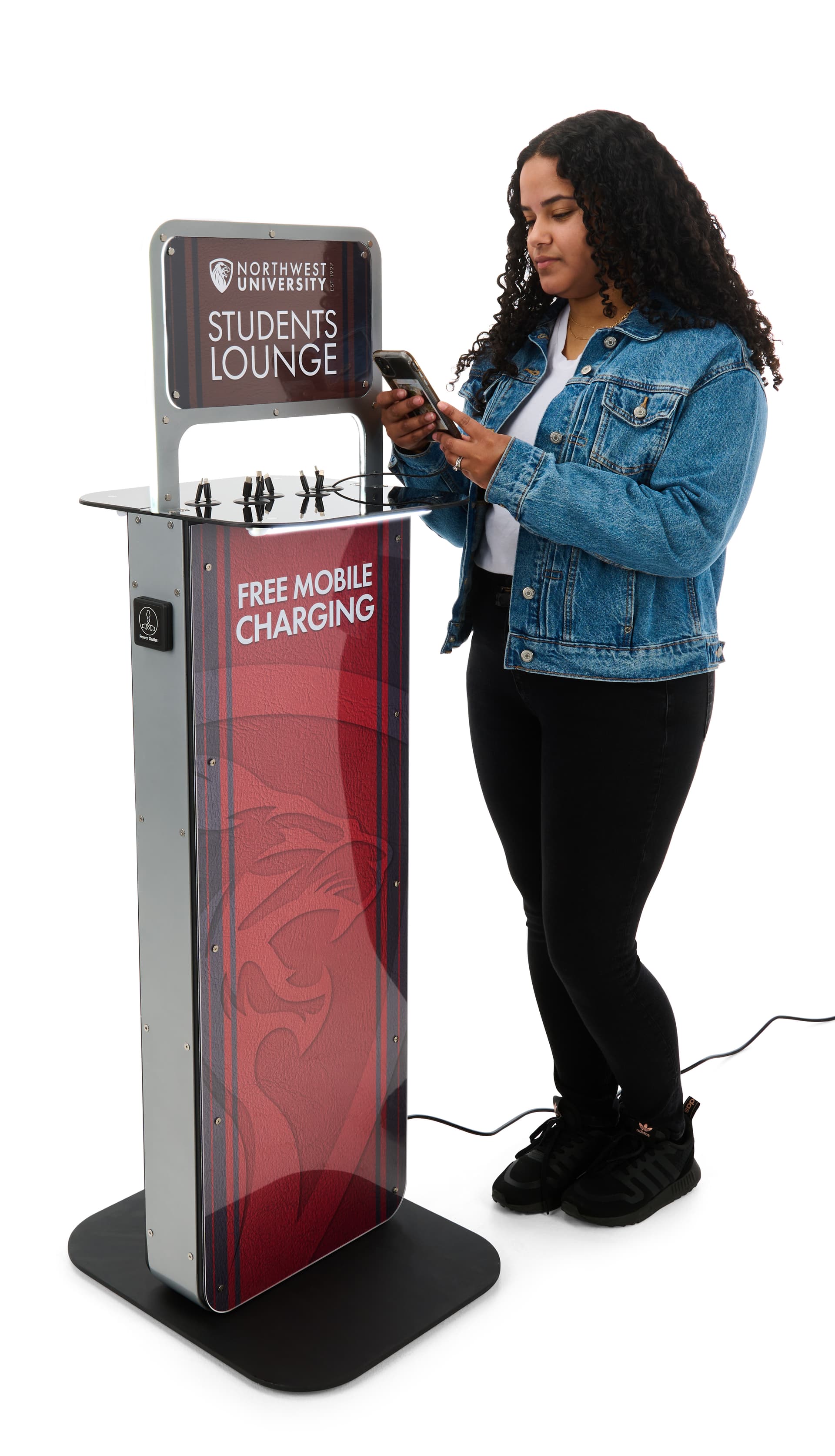 Phone charging station kiosk with custom graphics can simultaneously charge 12 devices