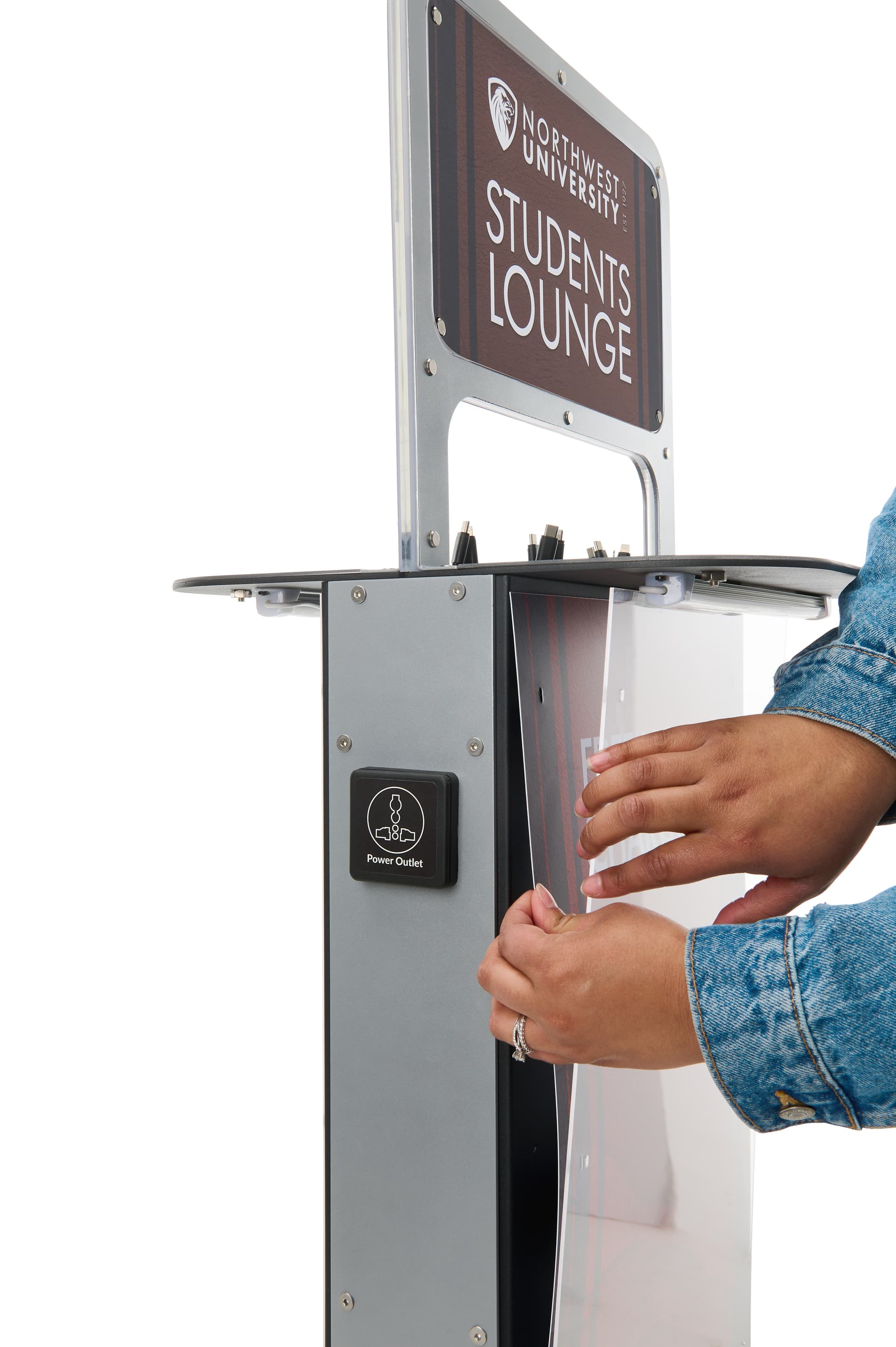 Phone charging station kiosk with custom graphics and easy installation