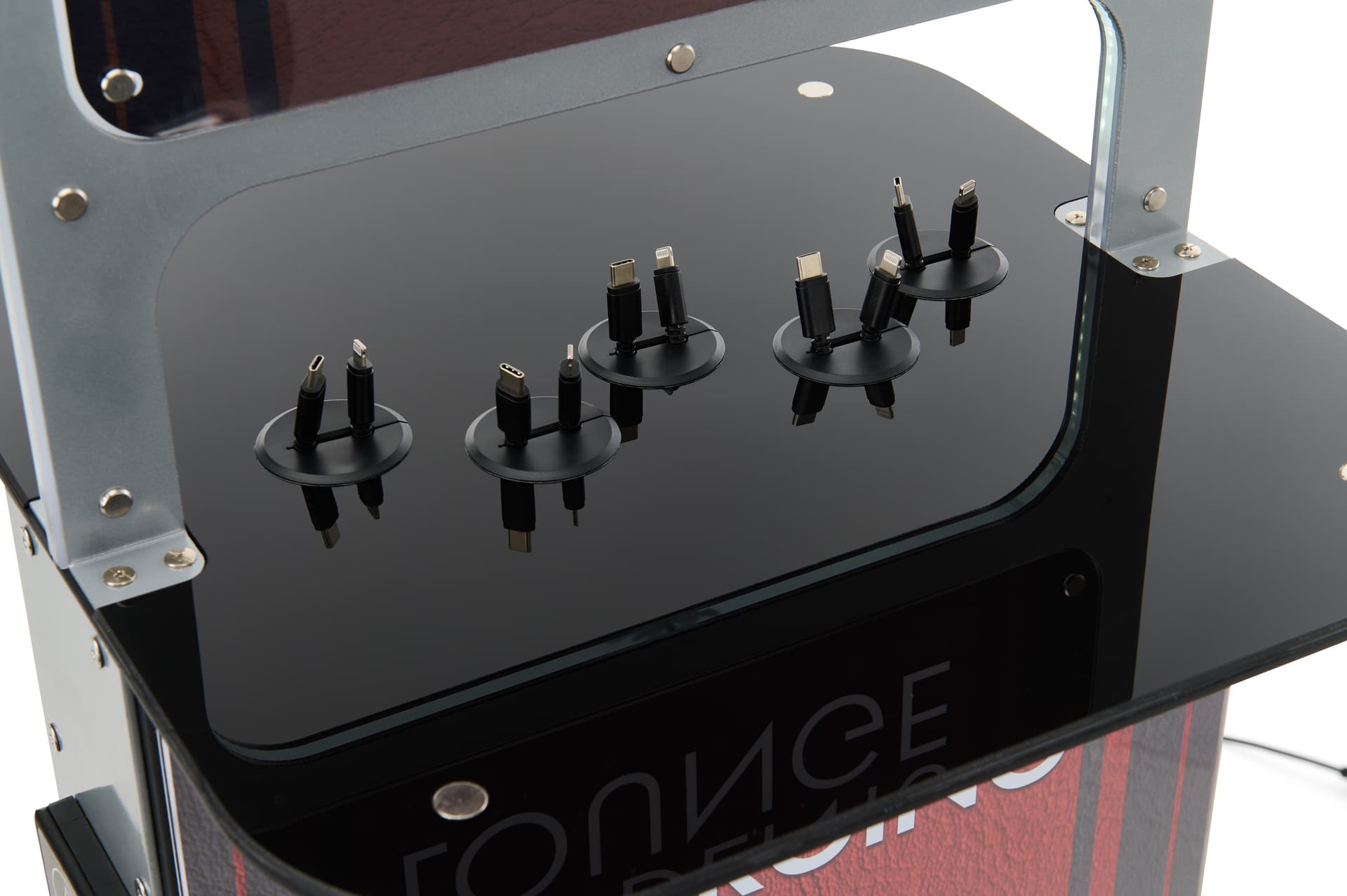 Phone charging station kiosk with custom graphics and 8 cords