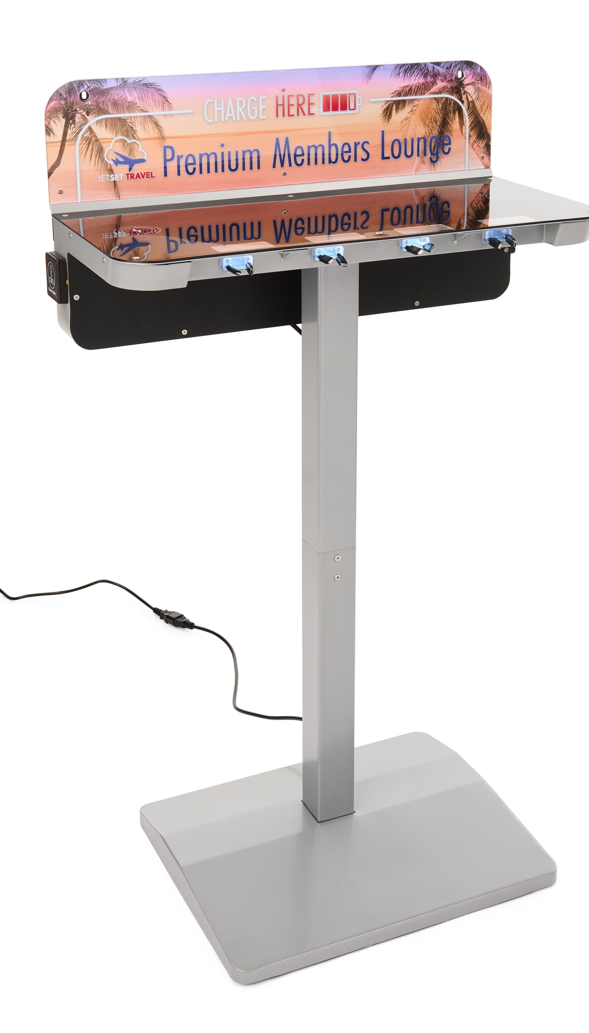 Charging station table with silver and black colorway