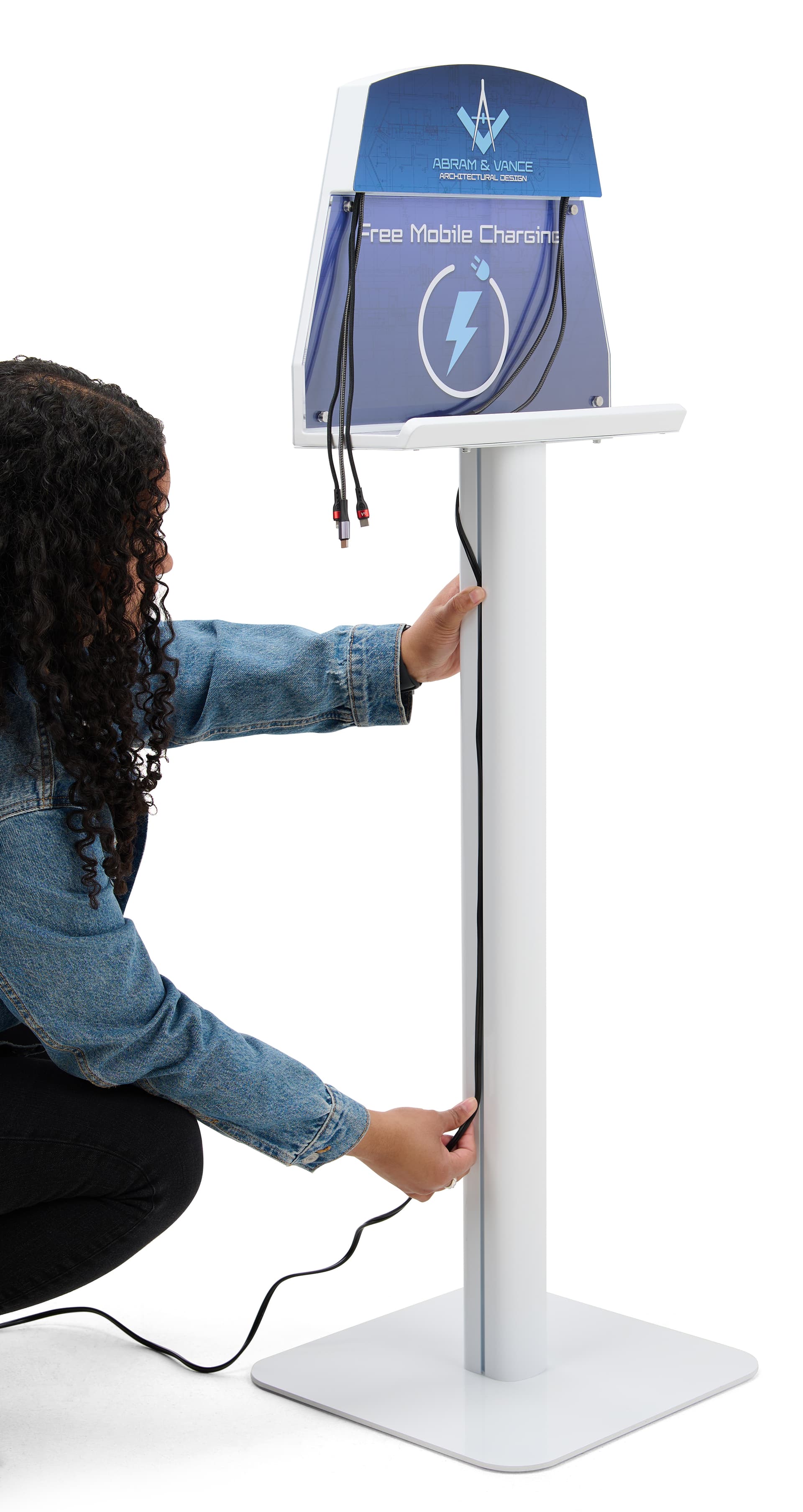 Cell phone charging station with cable management system integrated into stand