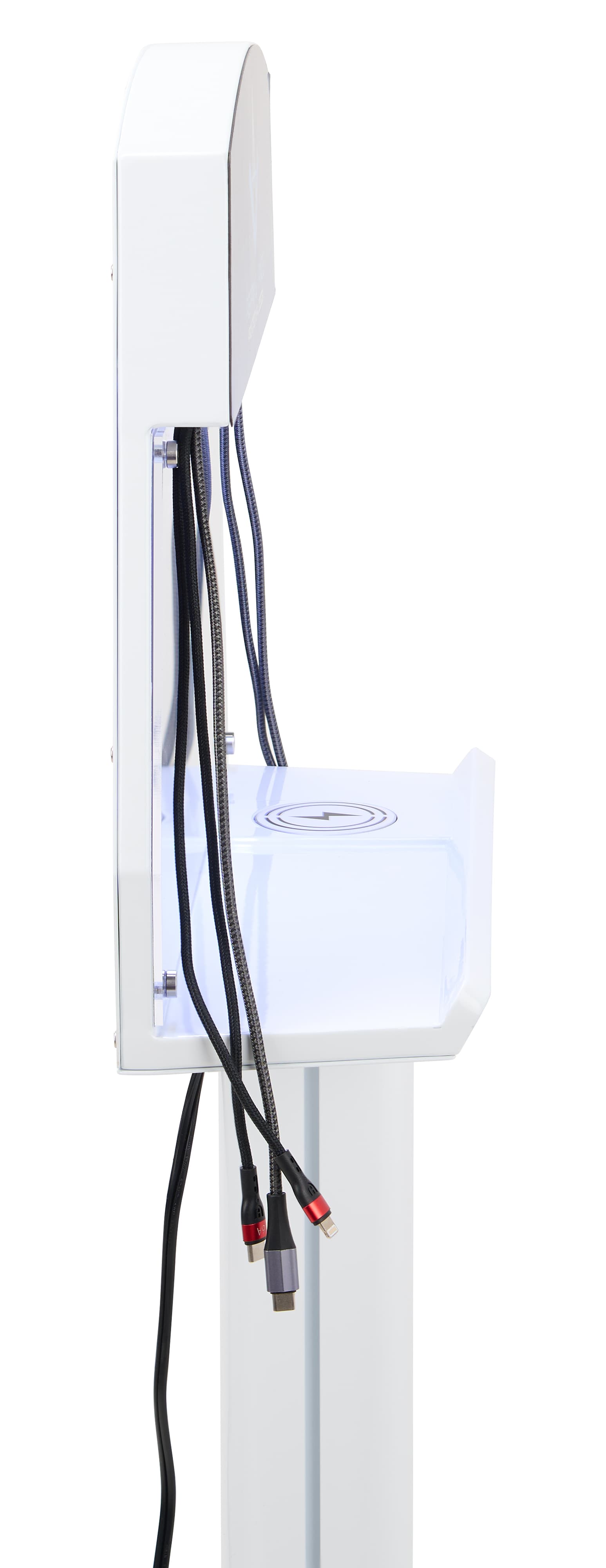 Side view of cell phone charging station with charging cables hanging