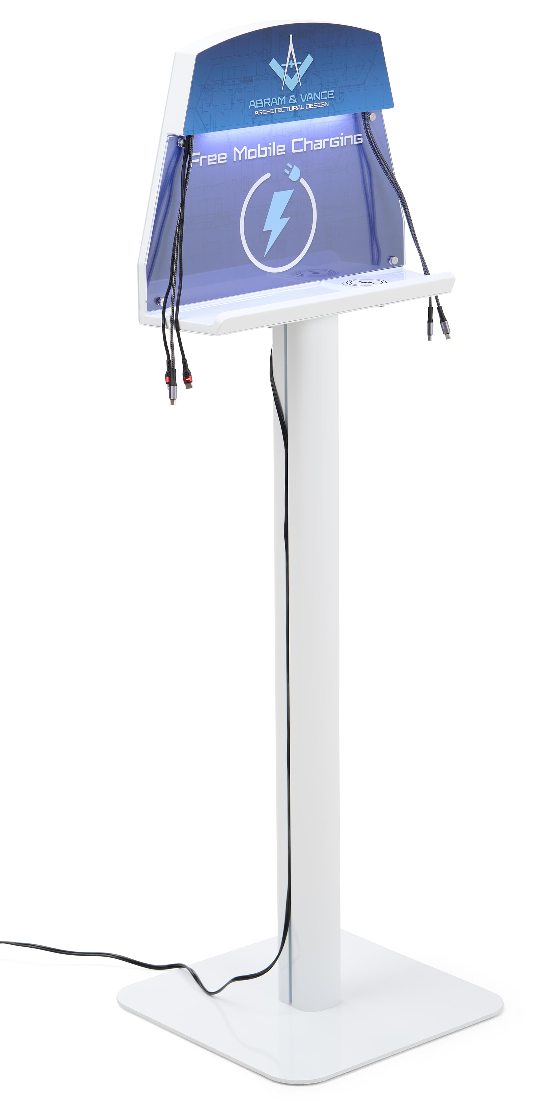 Oblique view of cell phone charging station with free mobile charging graphic