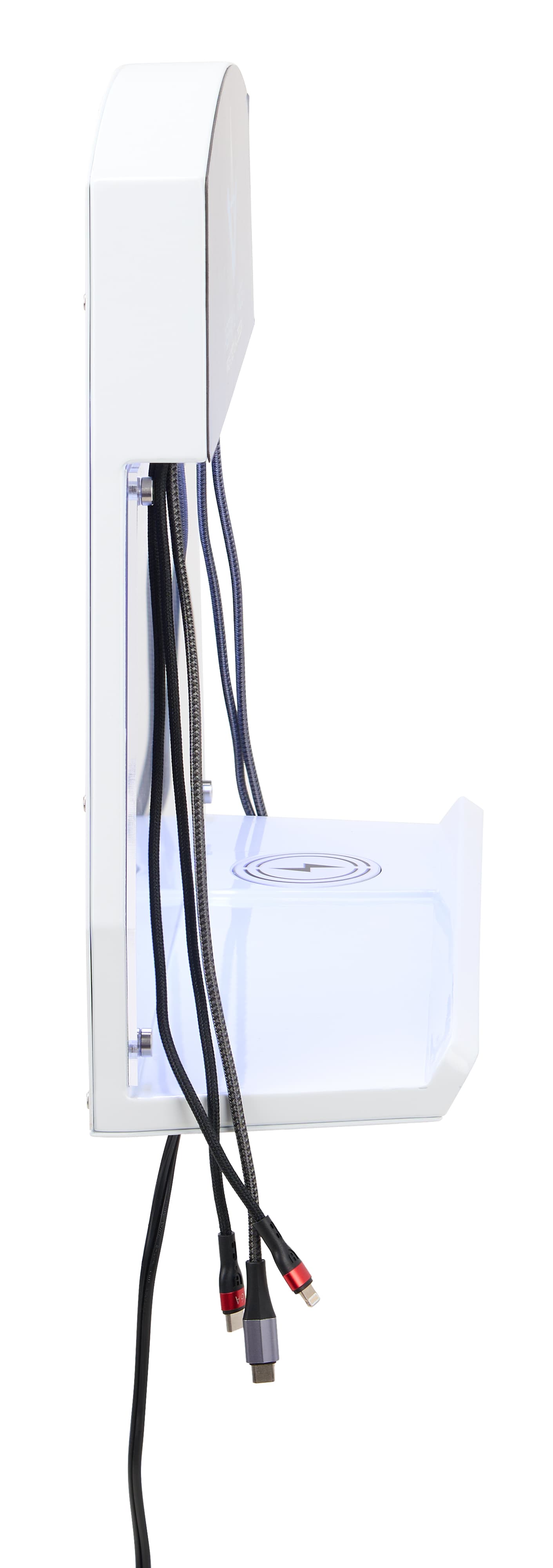 Side view of cell phone charging station with cables hanging