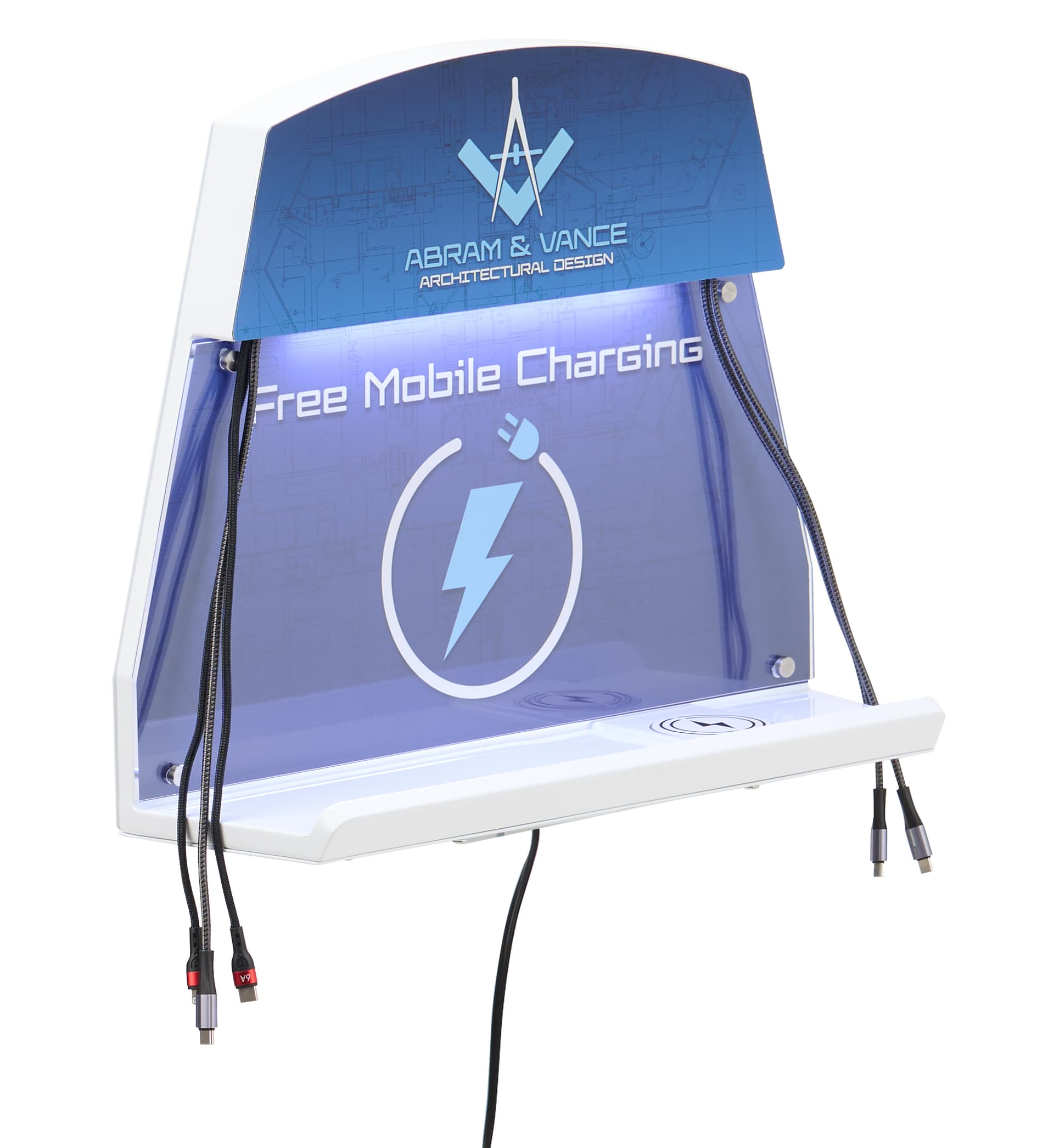 Wall mounted cell phone charging station with free mobile charging graphic on it