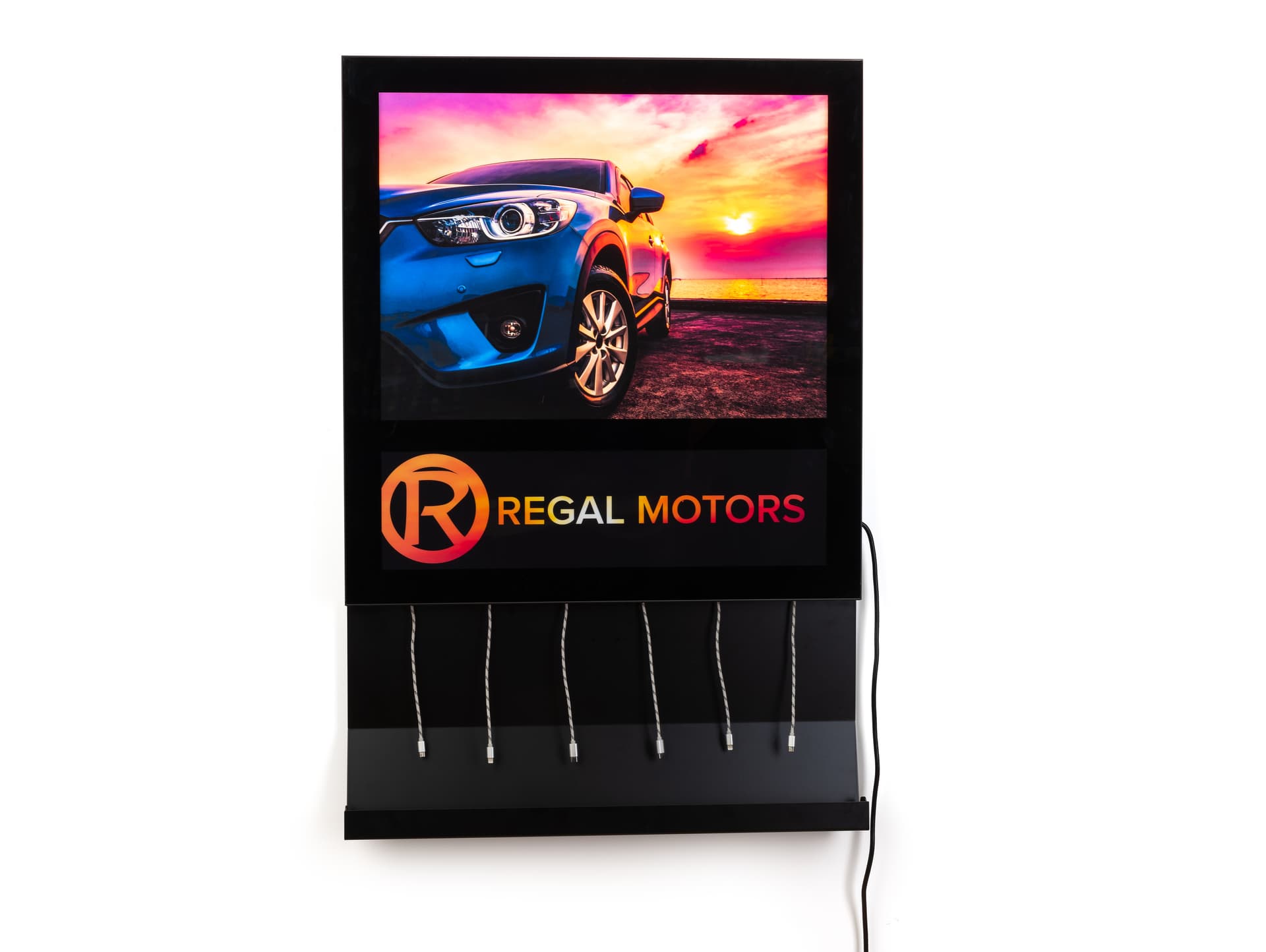 Black wall light box charging station with 23 x  24 custom poster