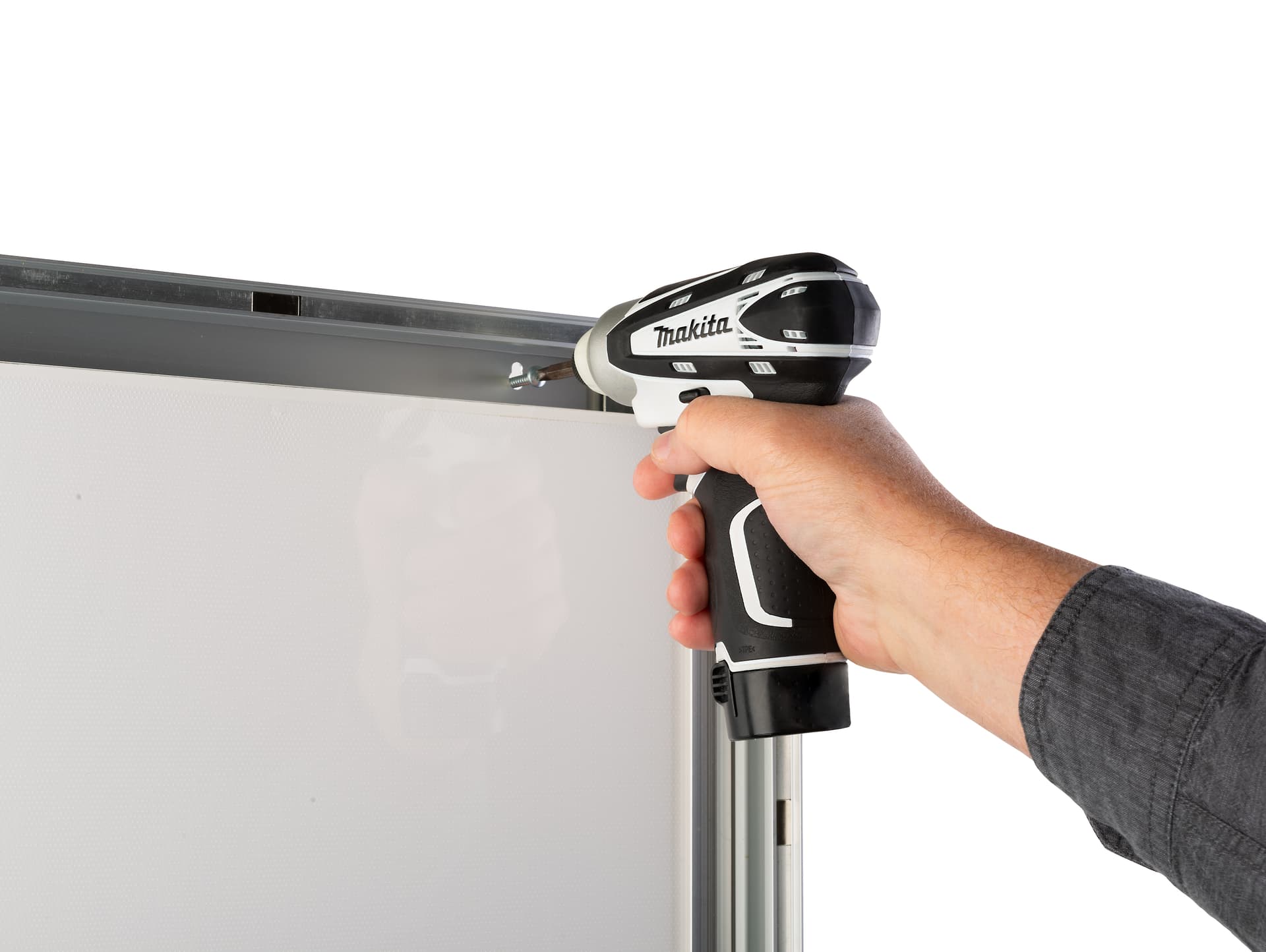 Wall mount light box charging station anchors to the wall using four screws