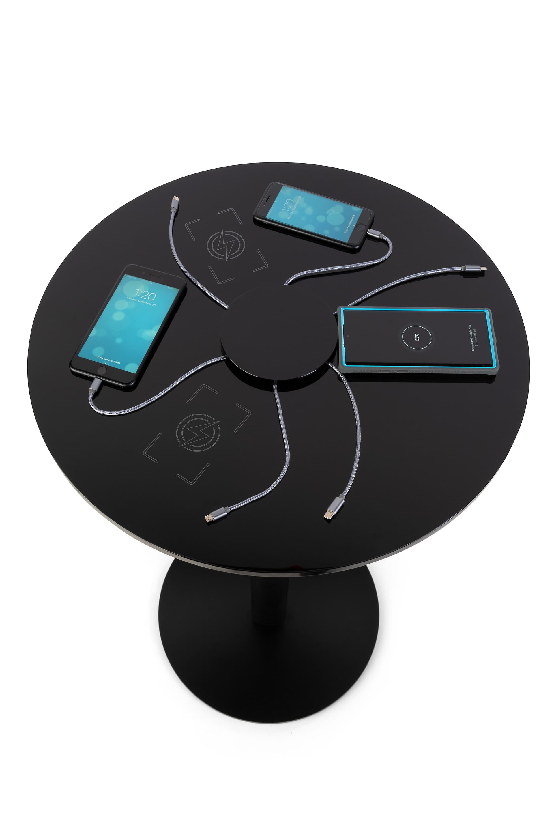 Double-sided black Qi wireless table charging station with snap frame
