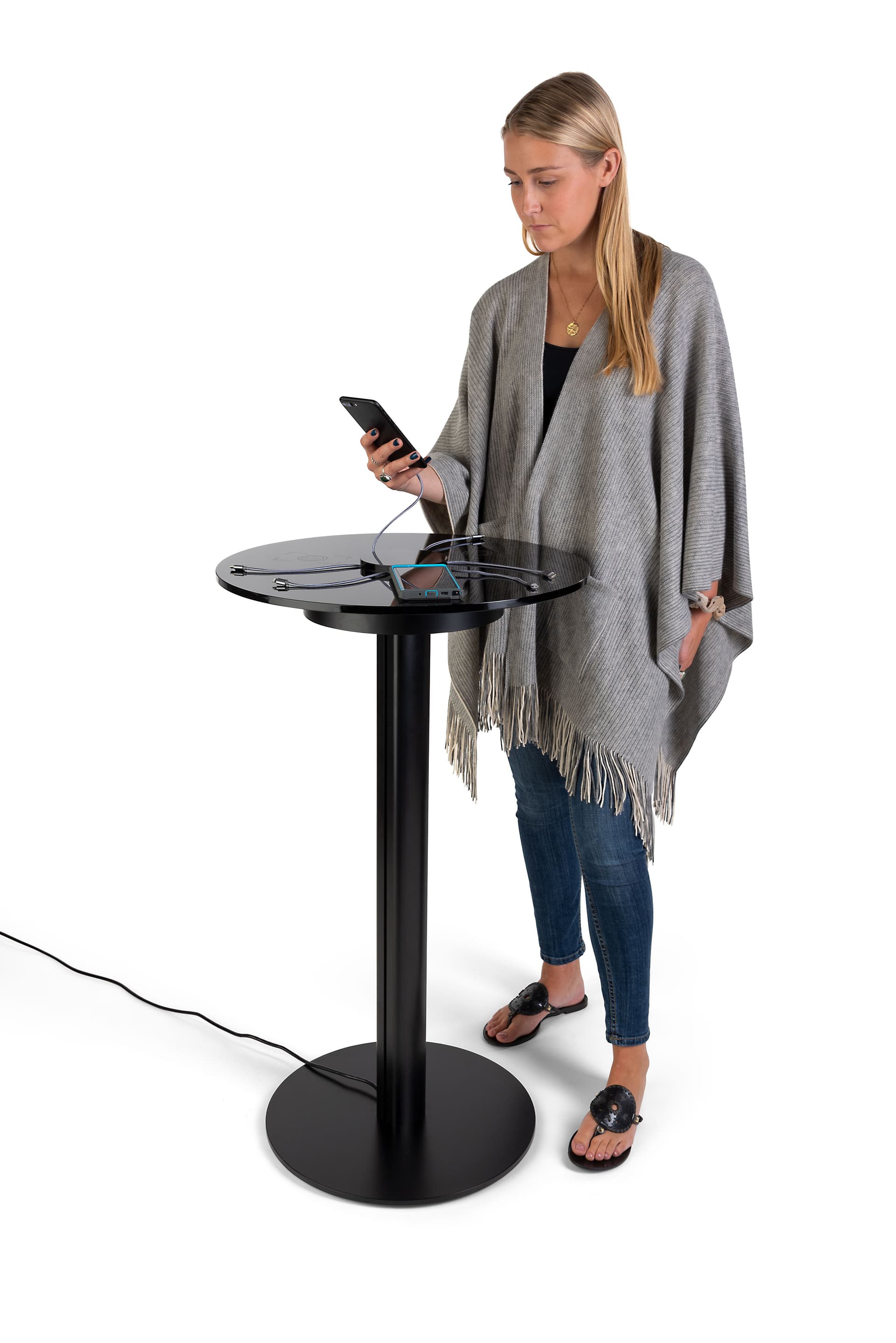 37.5-inch high black Qi wireless table charging station with circular tabletop