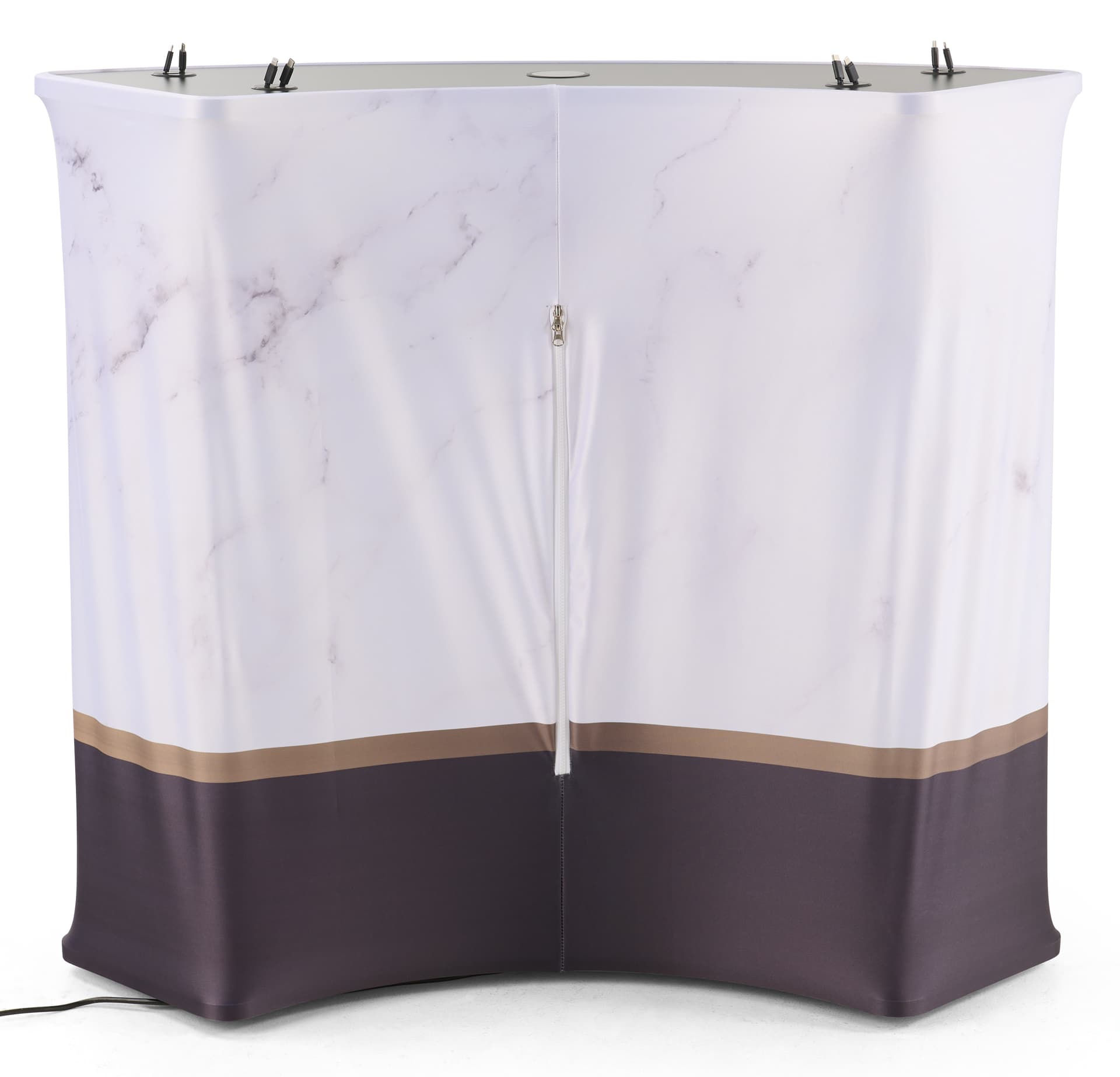 Trade show charging station showcasing the back of the table where you can see the zip for the custom printed graphic