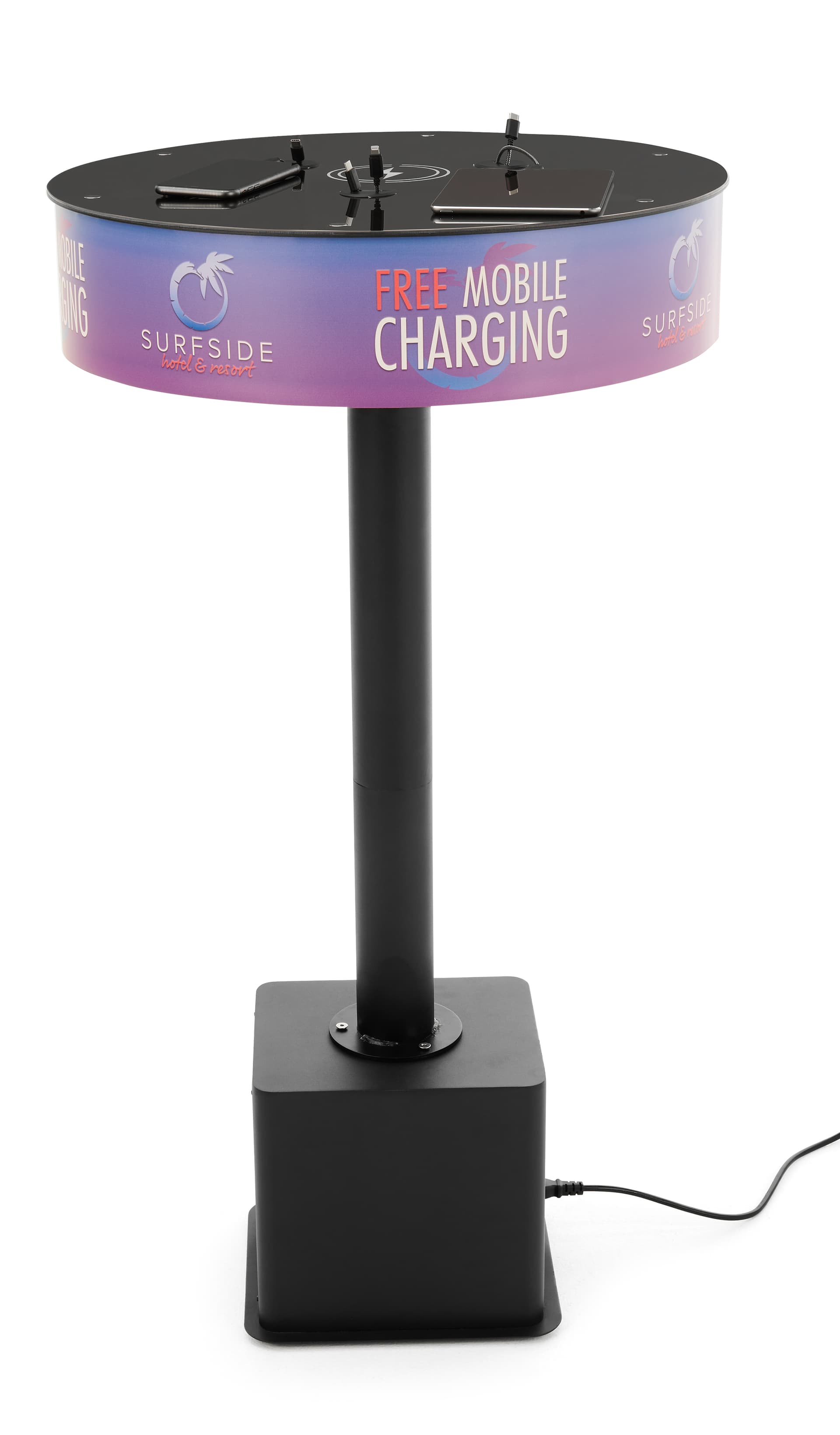 Mobile charging station with black acrylic counter