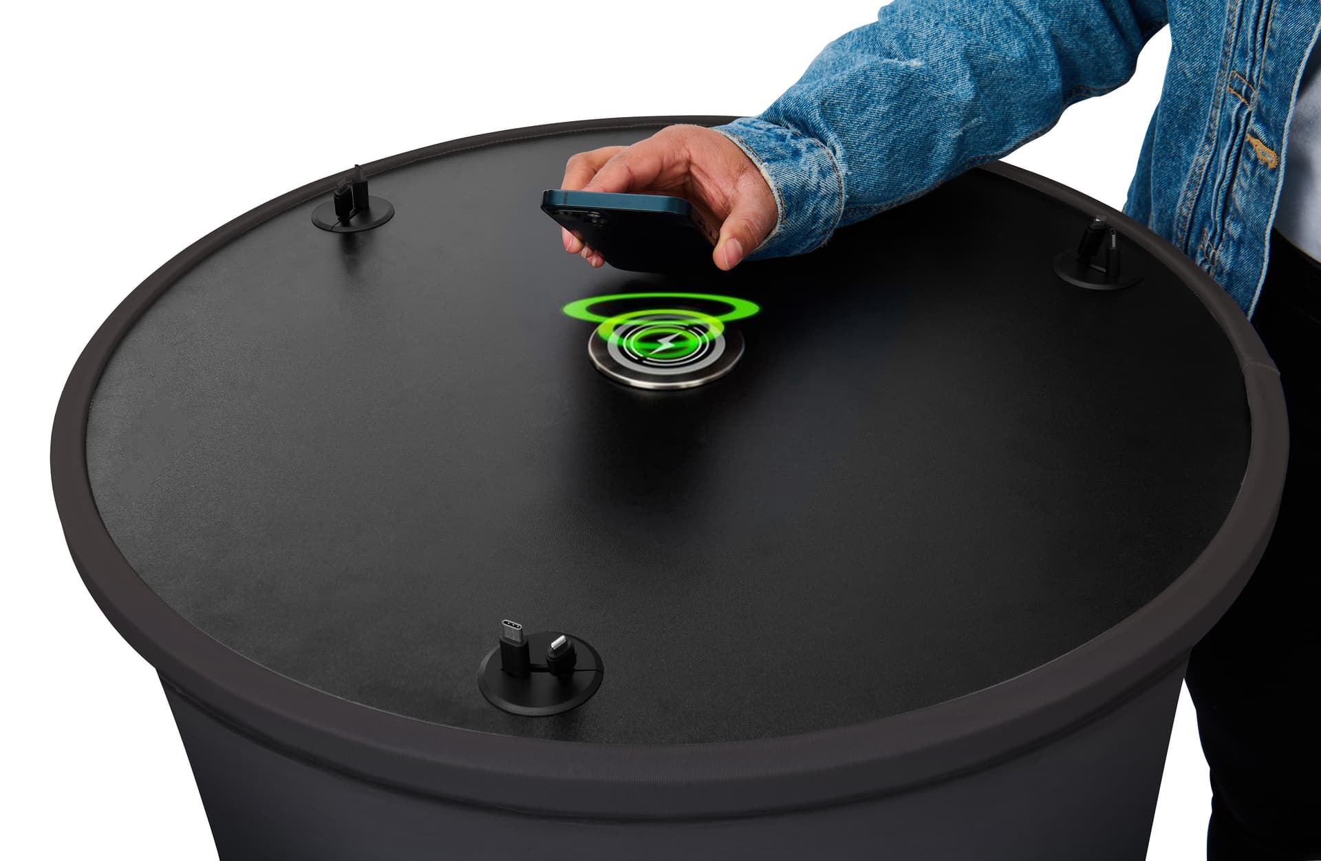 Mobile device charging table with six retracting cables