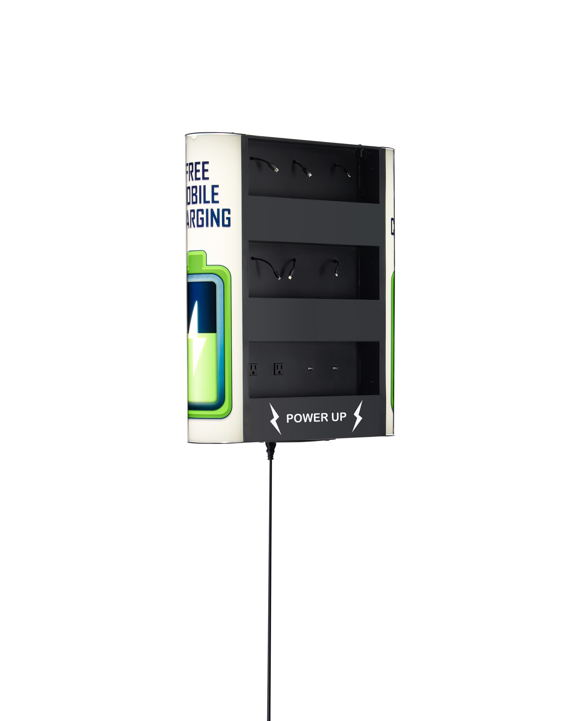 Cell phone charging station with lightning cables, AC plugs, Type C, and USB ports