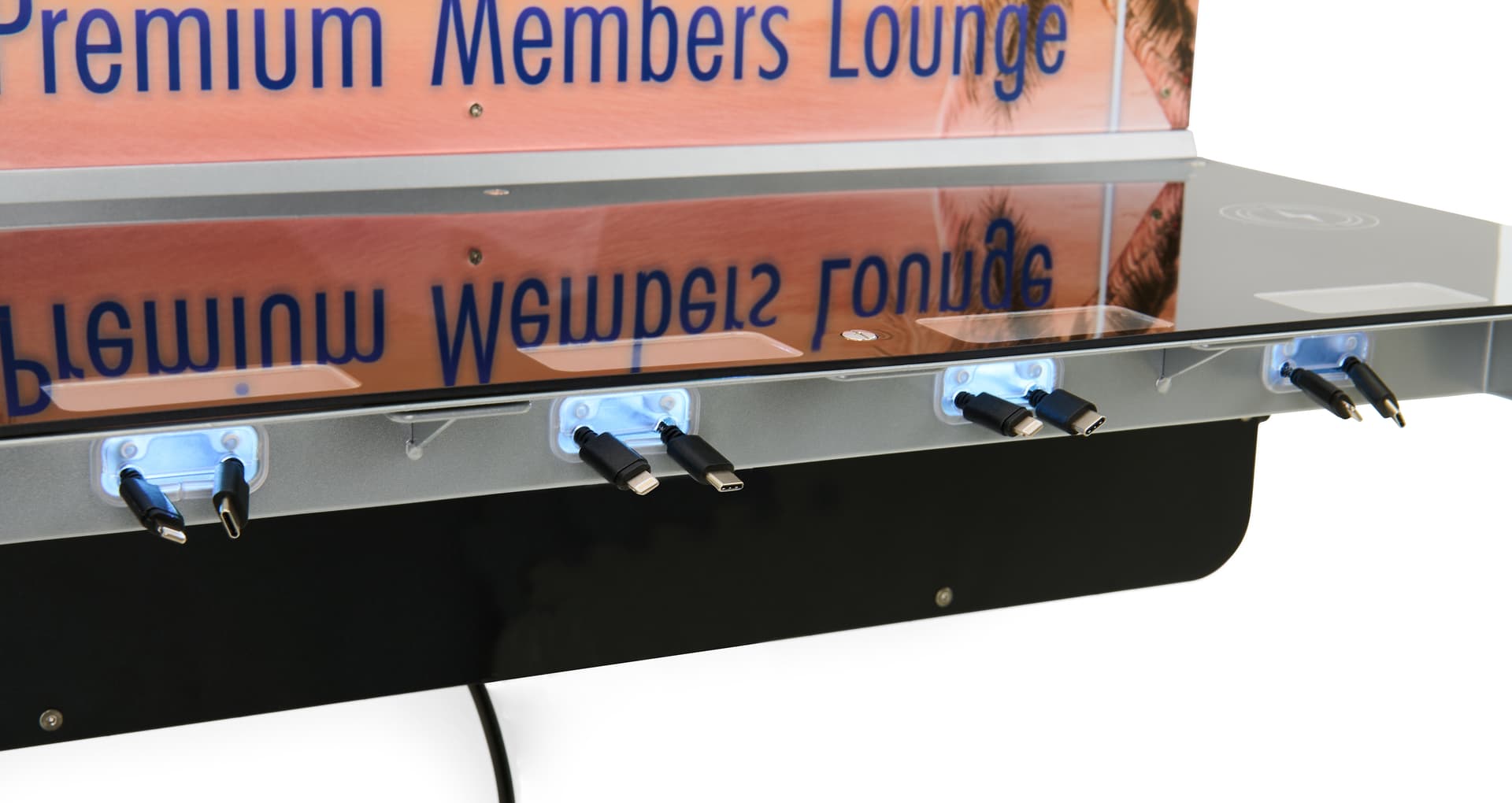 Charging station table with (3) lightning cords and (3) usb-c cords