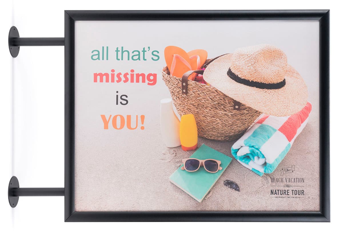 Black flange mount ceiling graphic holder frame for wall placement