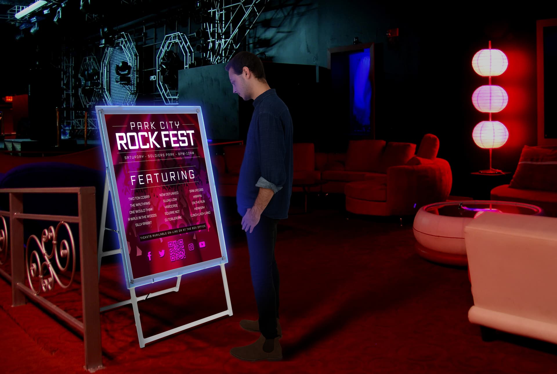 LED sandwich board with thin 1.5 inch depth when fully compressed