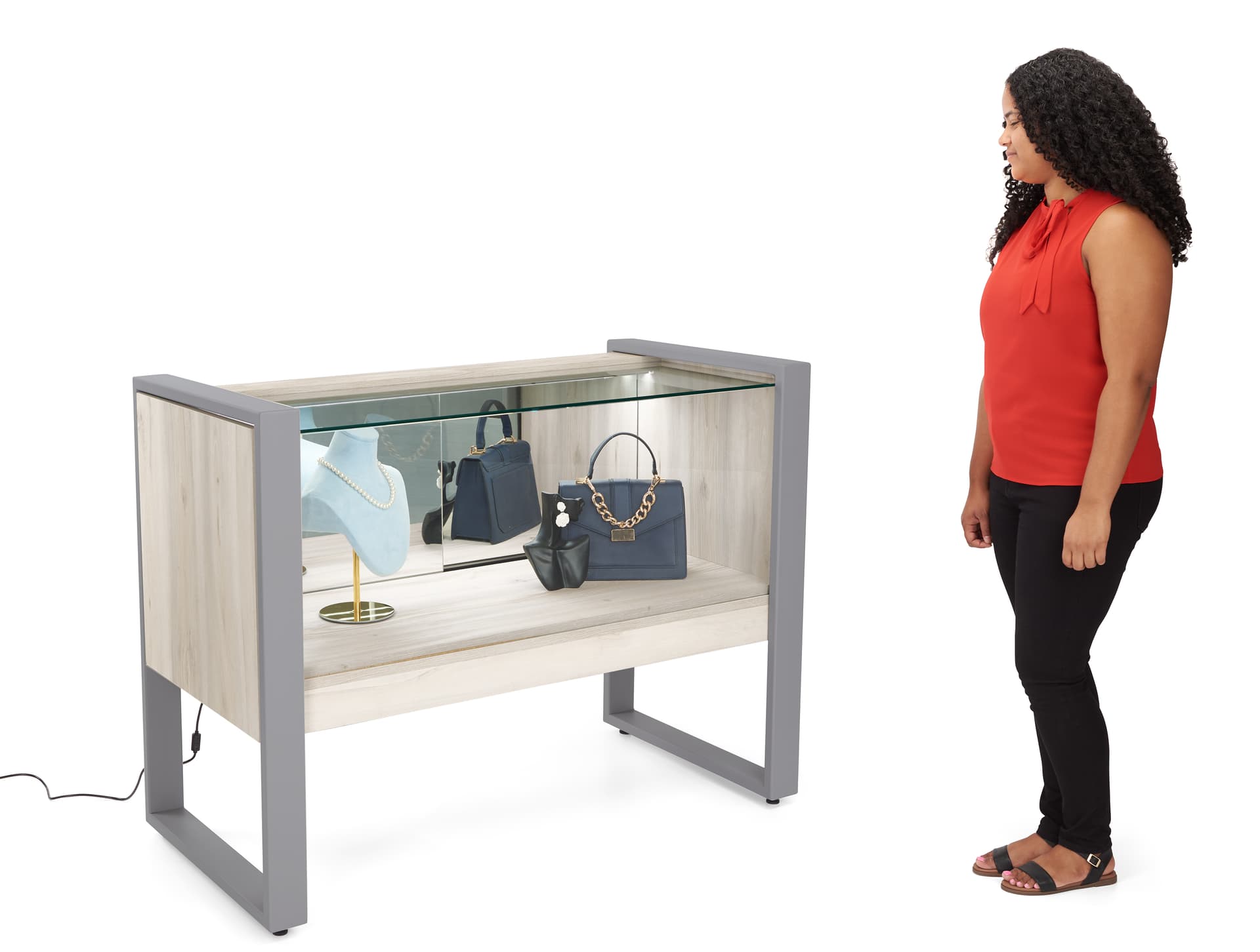 Glass display counter frame is made of steel