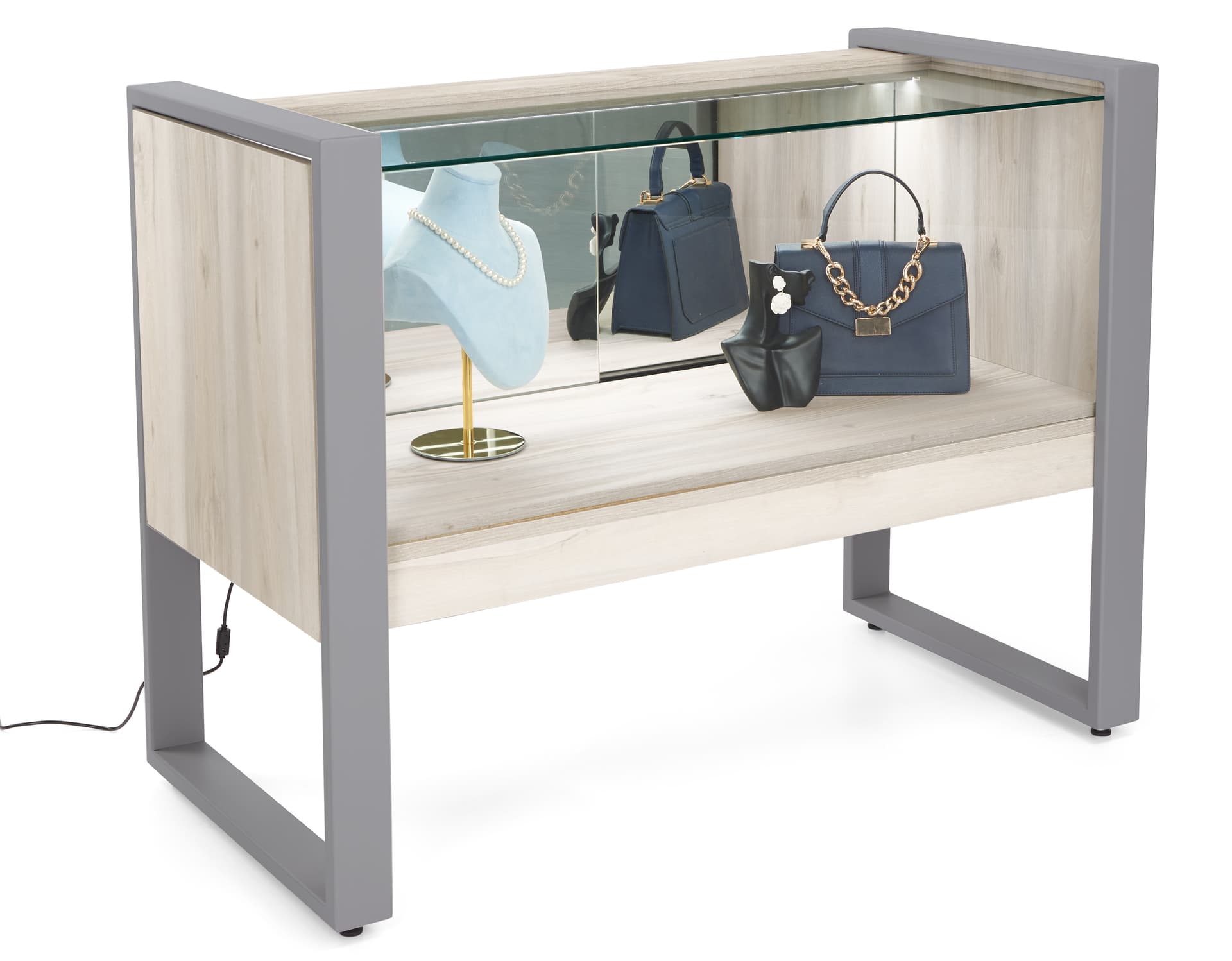 Glass display counter with locking doors