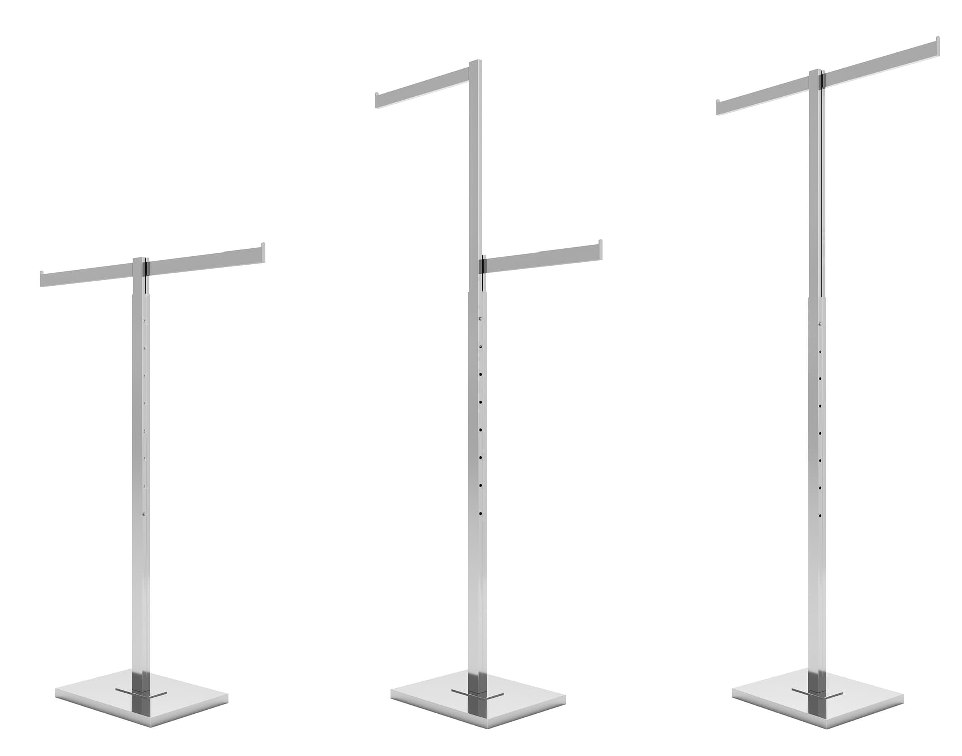 2 way clothing rack being shown at three different height adjustments