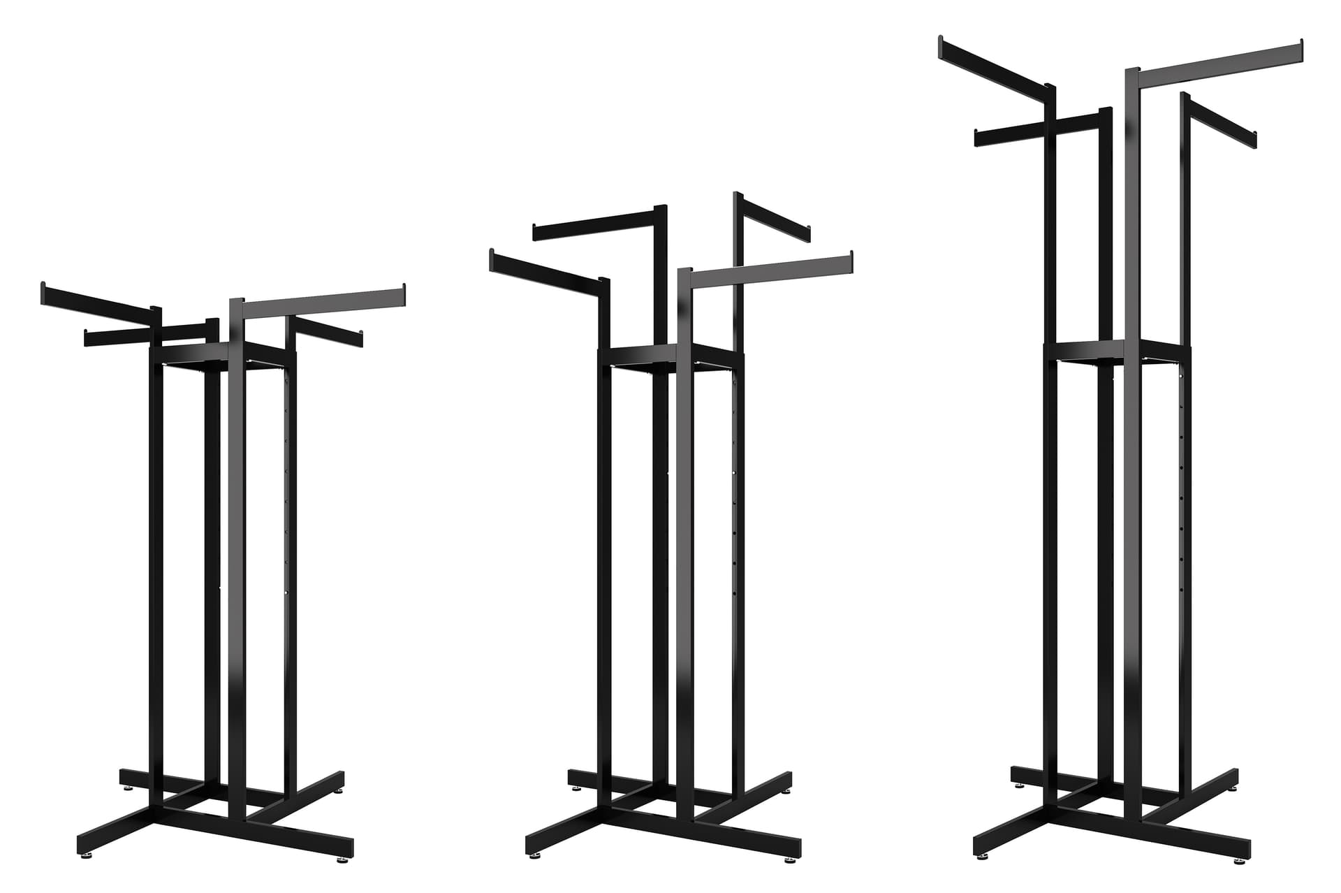 4 way clothing rack showcasing the garment rack at three different height adjustments