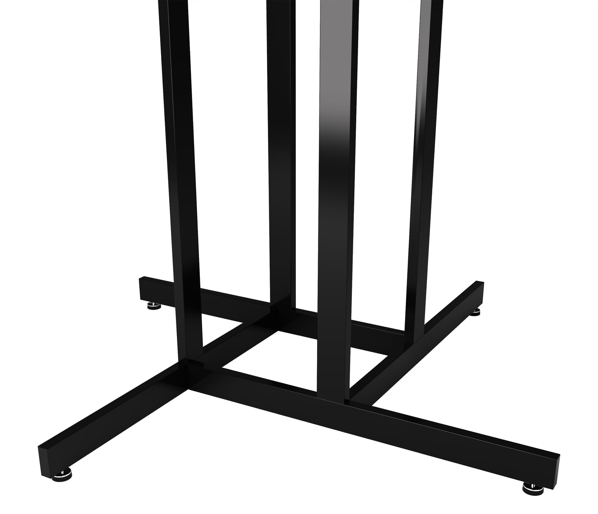 4 way clothing rack showcasing the base of the unit with leveling feet
