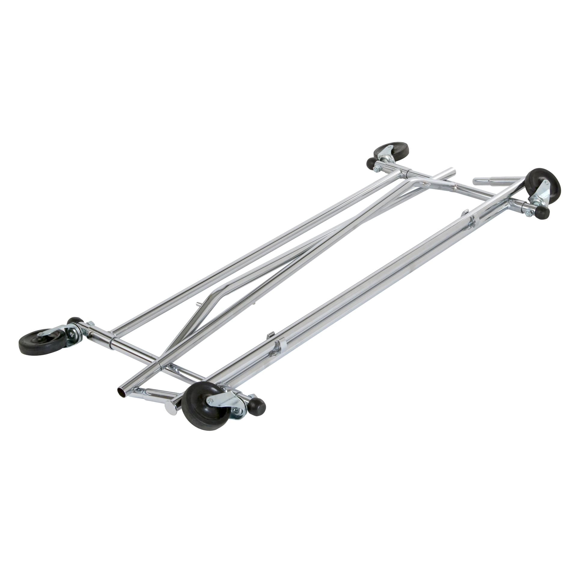 Collapsible garment rack shown folded and collapsed for easier storage and transportation 