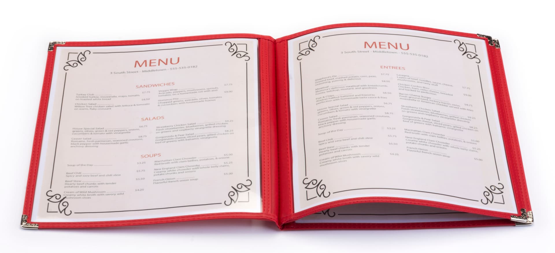 Book Style Red 8.5” x 11” (3) Page Restaurant Menu Covers