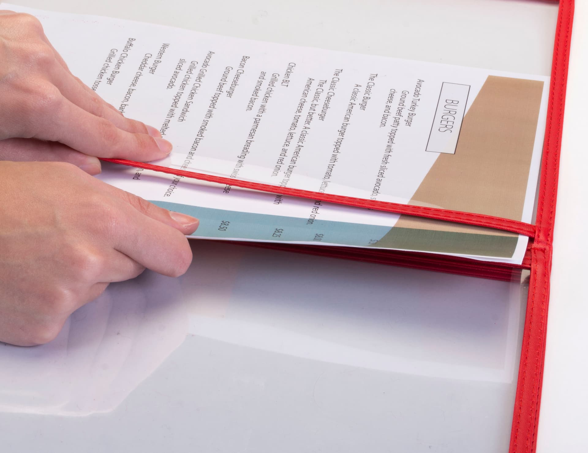 Side Insert Red 8.5” x 11” (3) Page Restaurant Menu Covers
