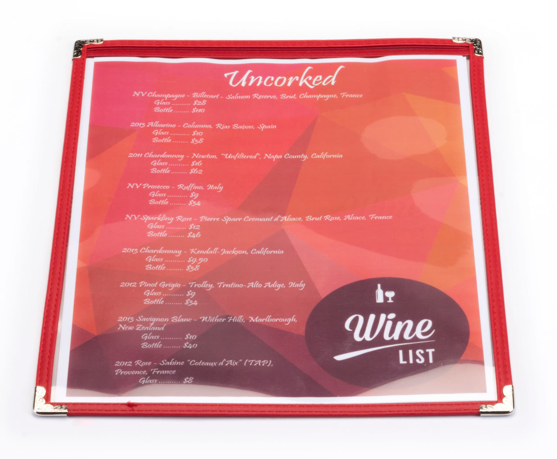 Red 8.5” x 11” Single Panel Wine List Cover Leatherette