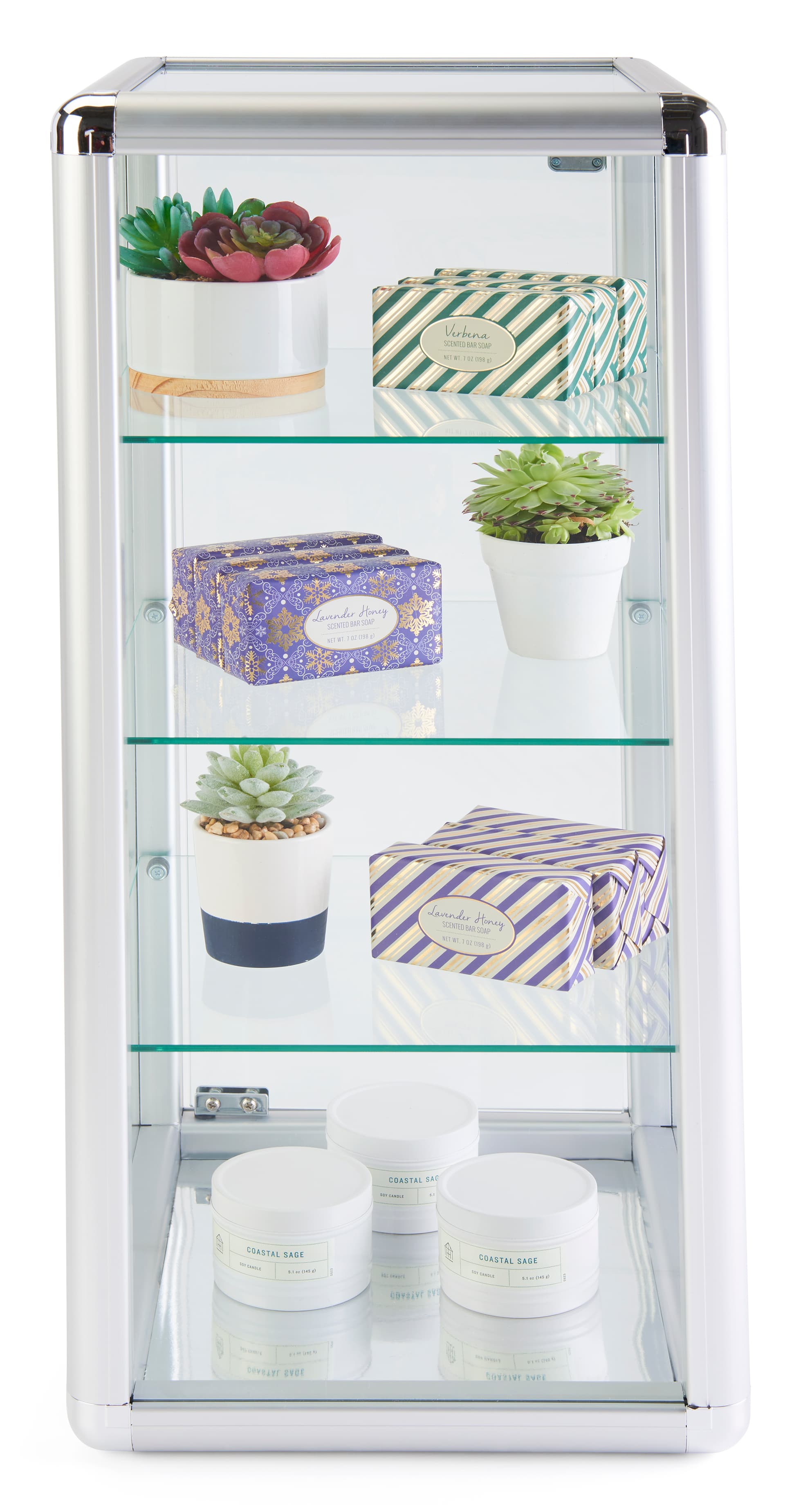 Aluminum frame glass counter showcase with mirrored bottom 