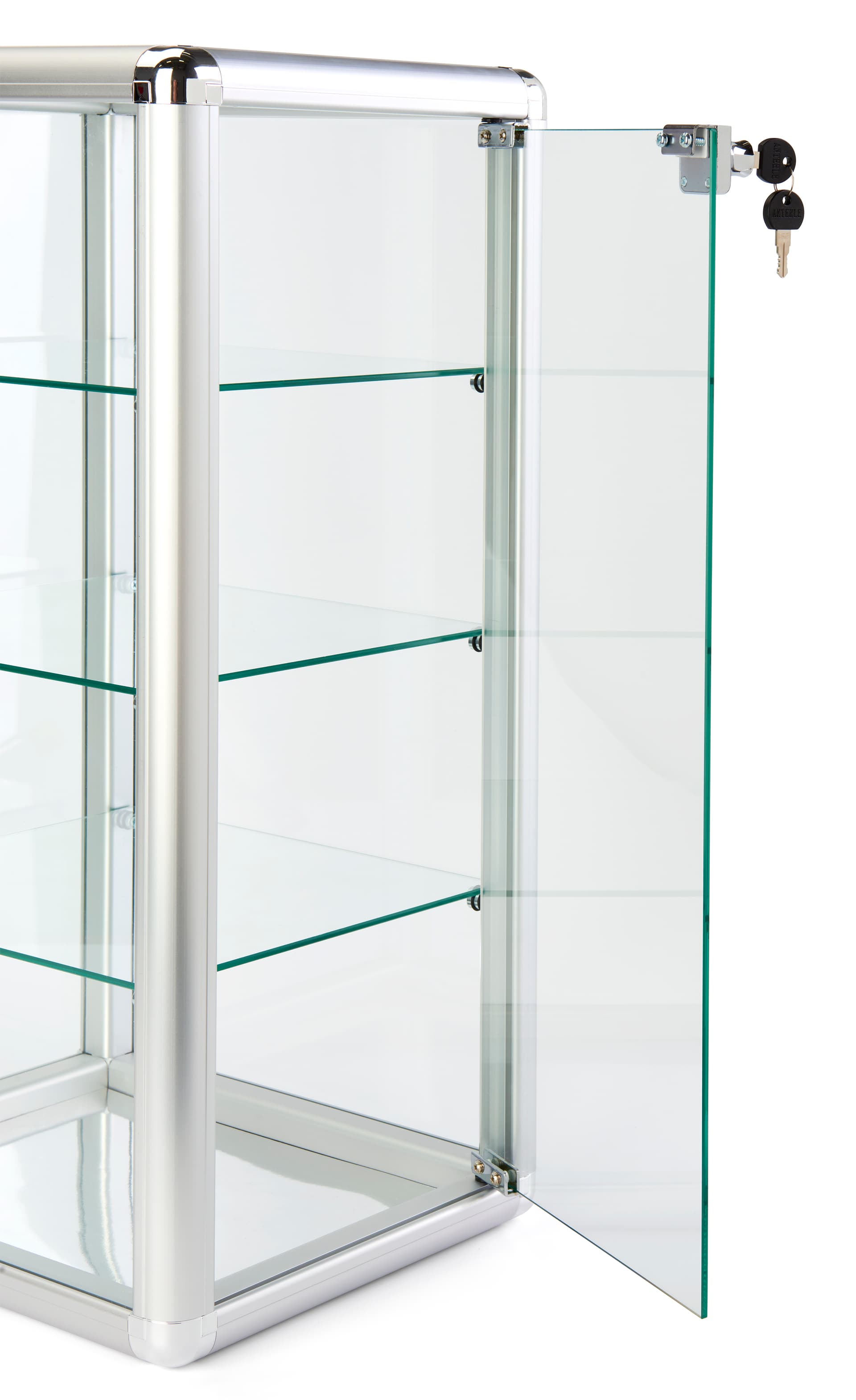 Aluminum frame glass counter showcase with easy swing door 