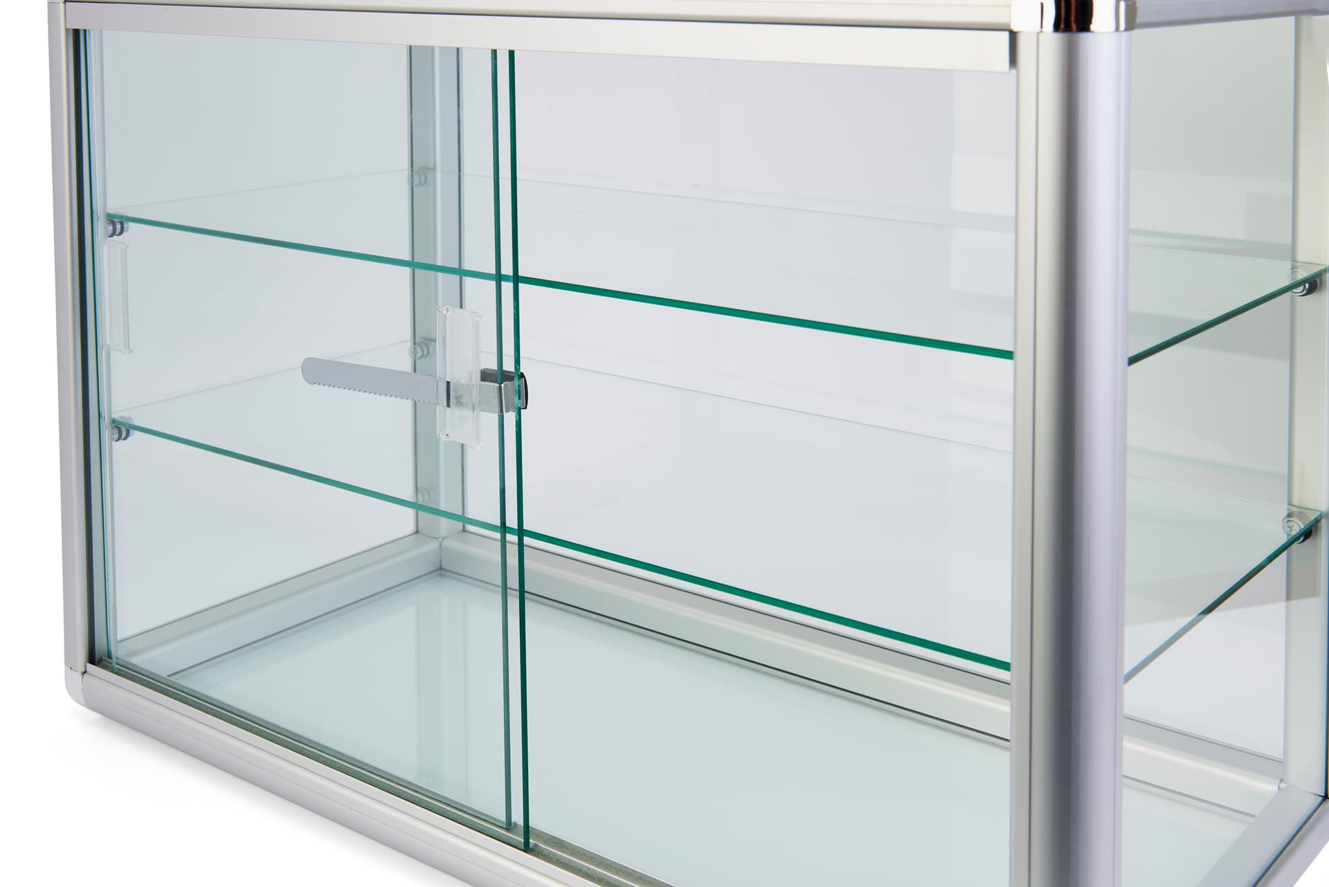 Aluminum frame glass counter showcase with a lock in the back 