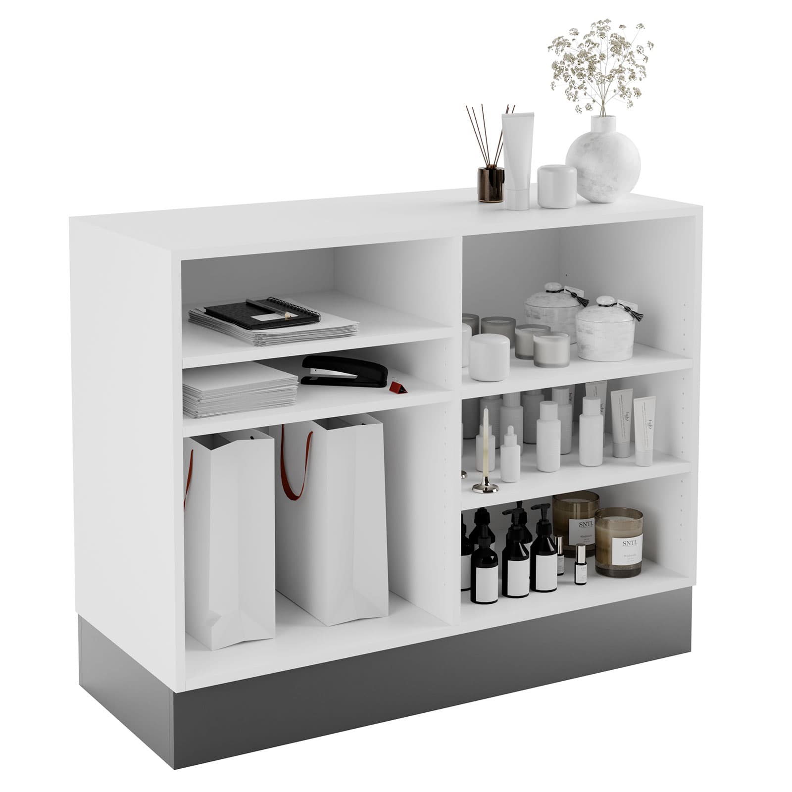 4-piece cash wrap provides ample storage for bags and other checkout supplies