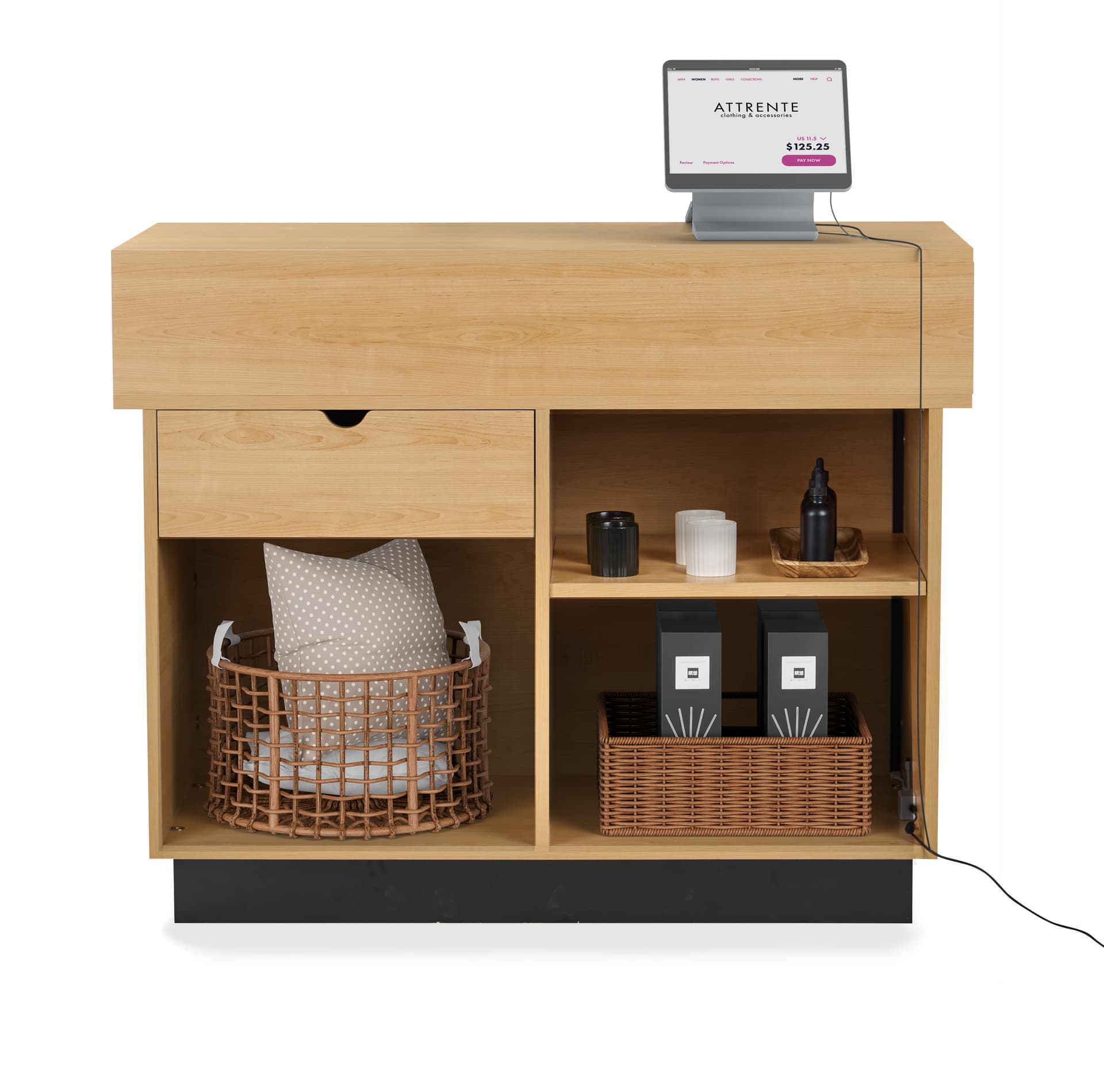 Retail cash wrap with LED lighting with single shelf