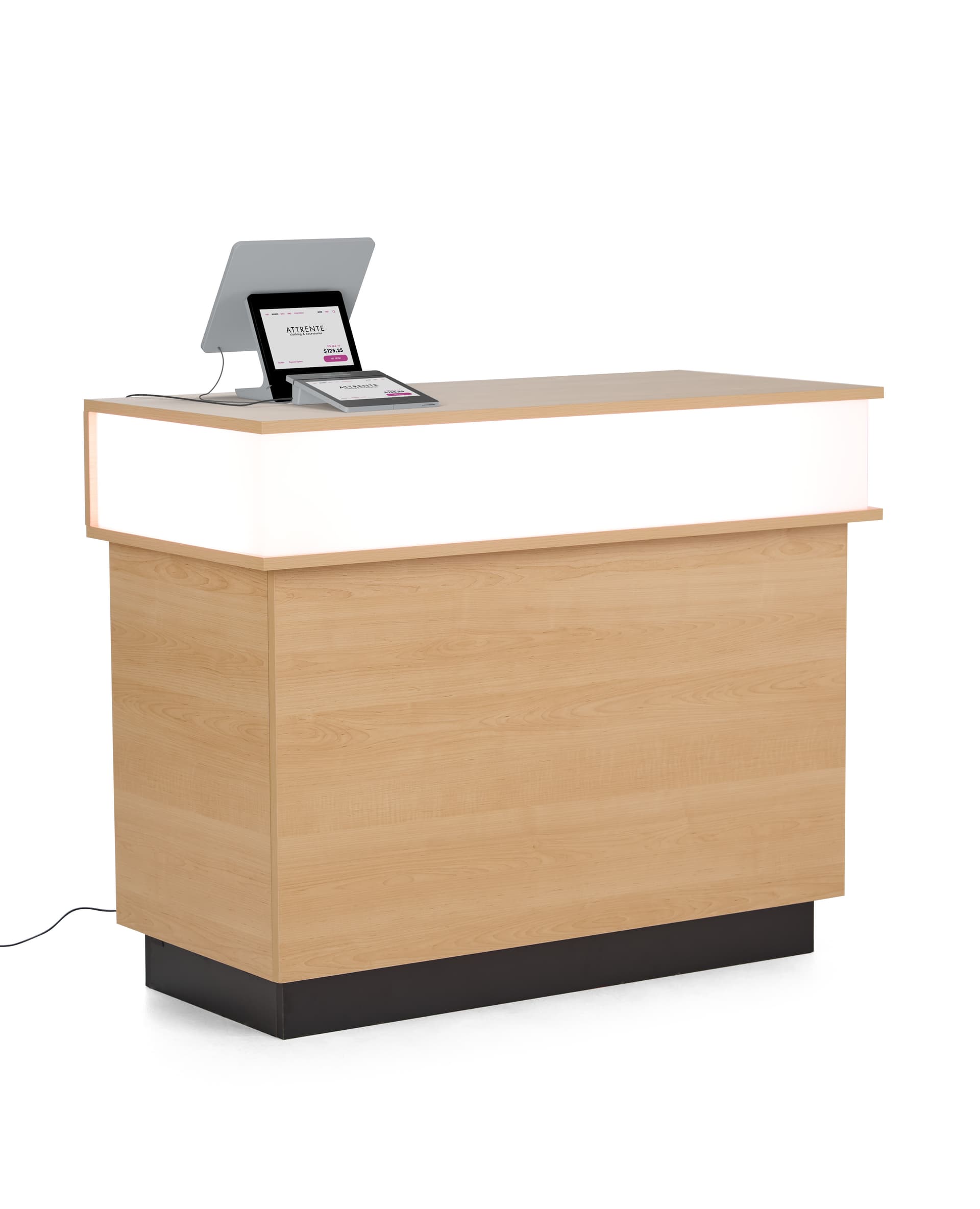 Retail cash wrap with LED lighting in maple finish