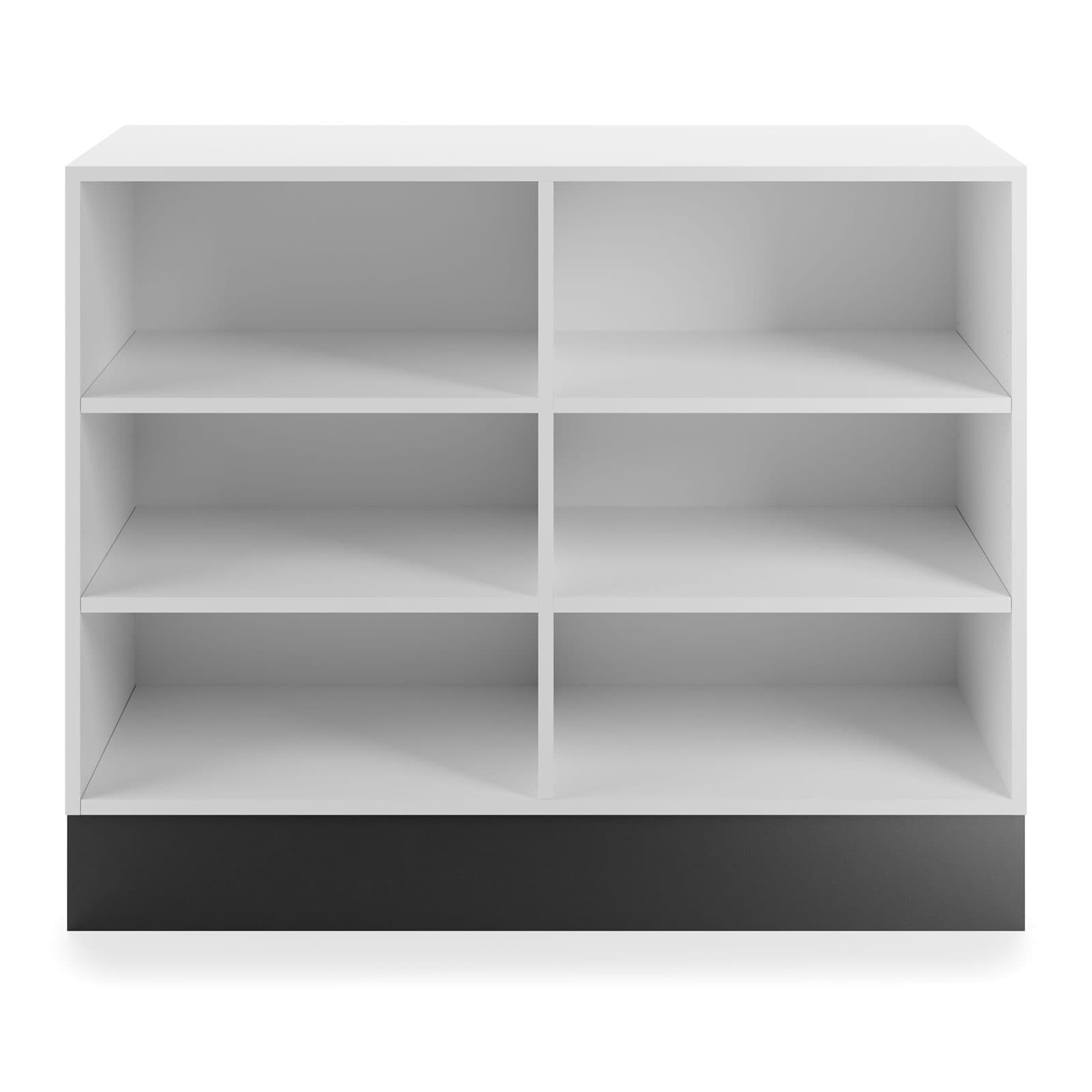 Flat top sales counter with open storage offers four adjustable shelves for customization